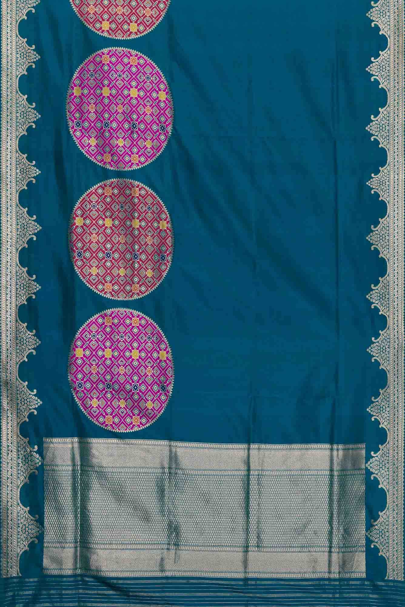Pure Silk Pure Zari Peacock Blue Dual Tone Banarasi Saree - Image 4
