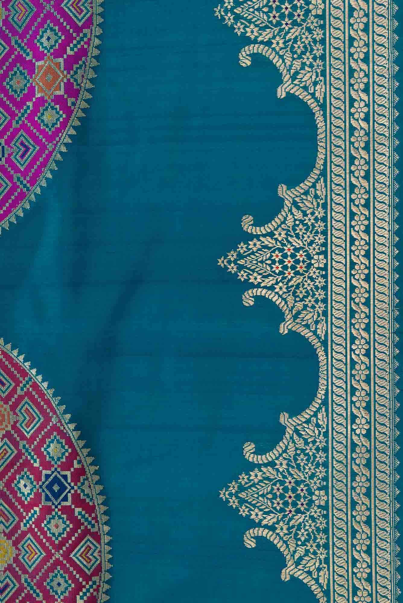 Pure Silk Pure Zari Peacock Blue Dual Tone Banarasi Saree - Image 5