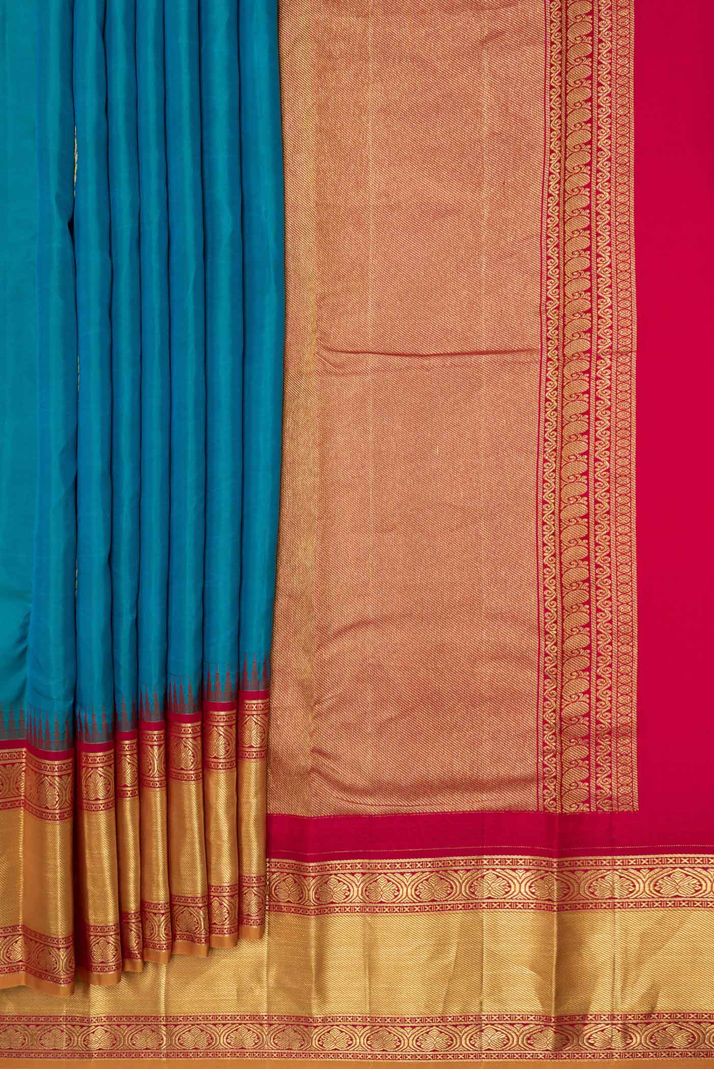 Peacock Blue Dual Tone Kanjivaram Saree - Image 4
