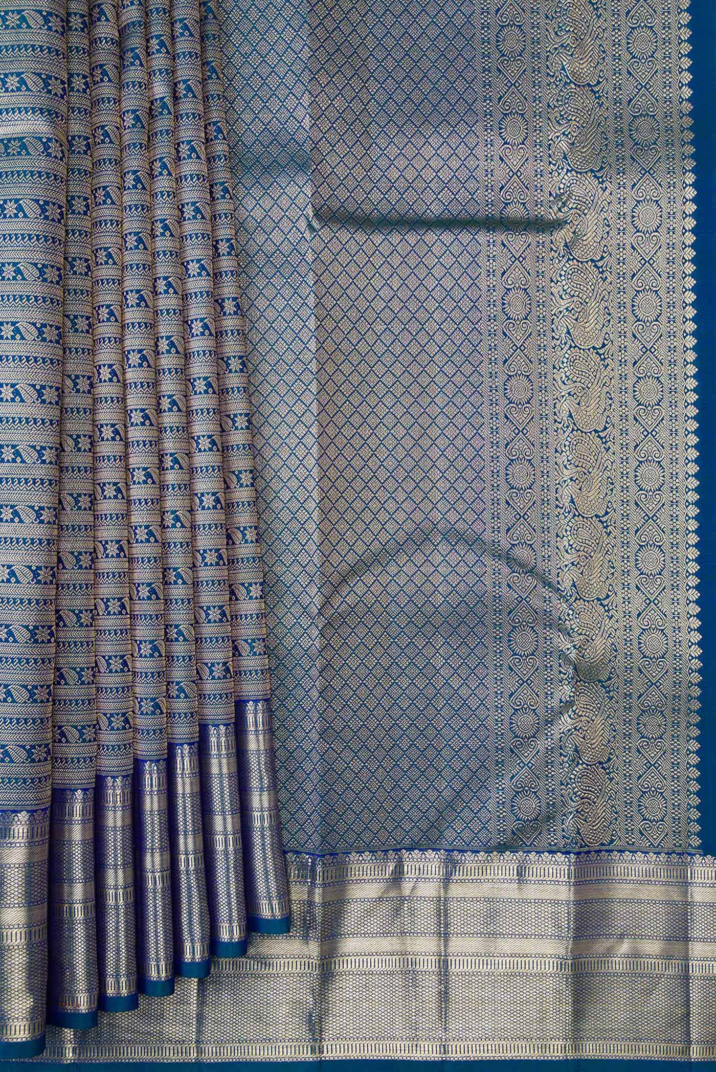 Peacock Blue Dual Tone Kanchipuram Silk Saree - Image 4
