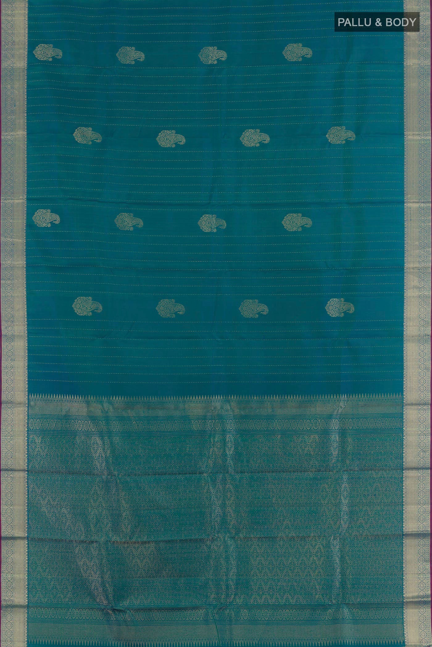 Peacock Blue Dual Tone Kanchipuram Silk Saree - Image 3
