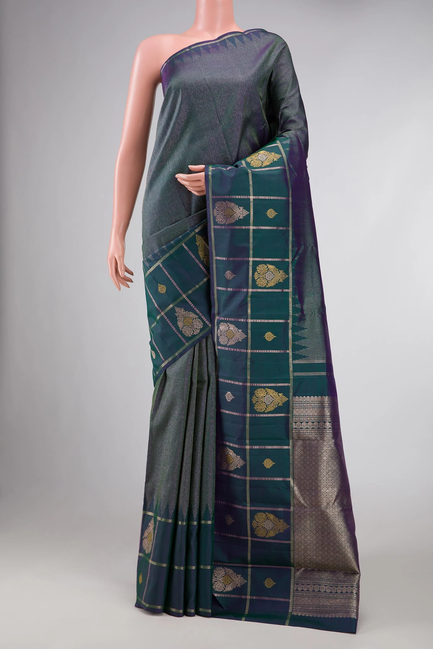 Peacock Blue Dual Tone Kanjivaram Silk Saree