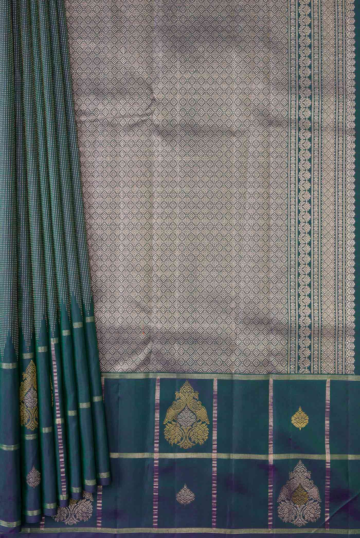 Peacock Blue Dual Tone Kanjivaram Silk Saree - Image 4