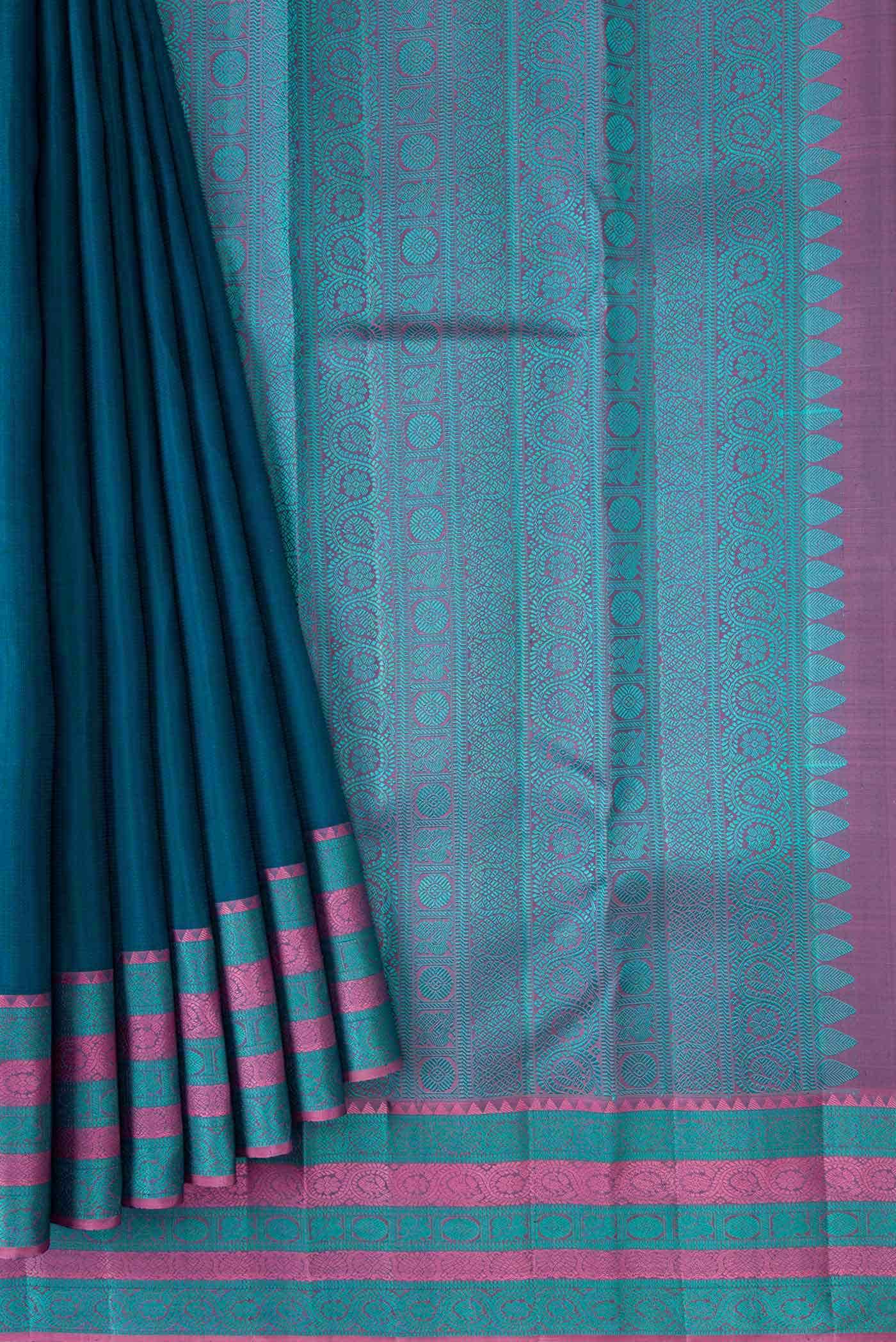 Peacock Blue Dual Tone Kanchipuram Silk Saree - Image 2