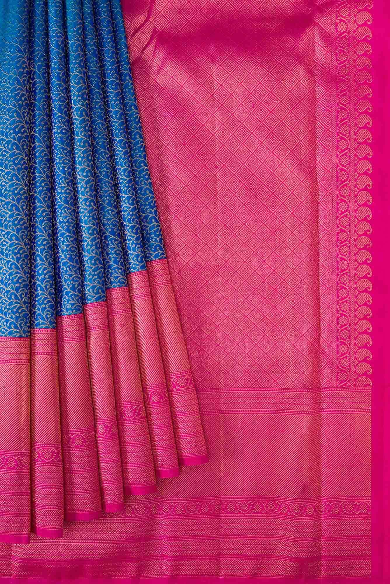 Pure Silk Pure Zari Peacock Blue Dual Tone Kanjivaram Saree - Image 2