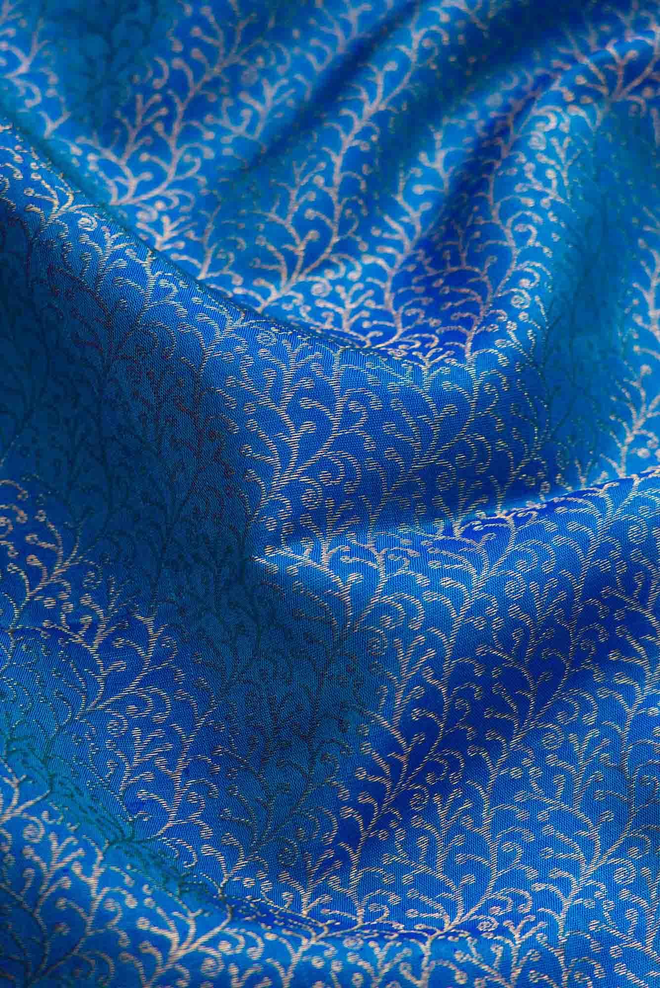 Pure Silk Pure Zari Peacock Blue Dual Tone Kanjivaram Saree - Image 3