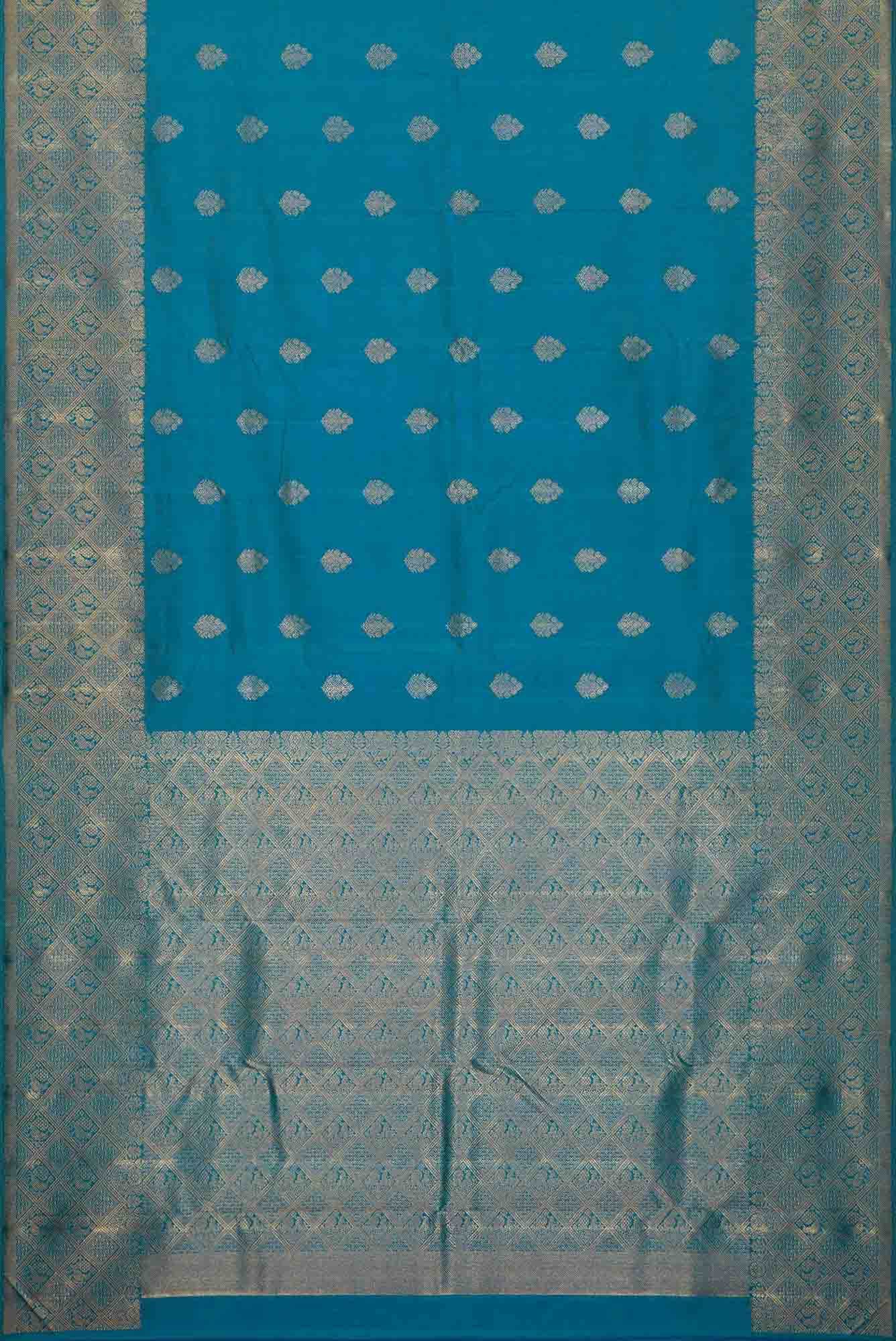 Pure Silk Pure Zari Peacock Blue Dual Tone Kanjivaram Saree - Image 4