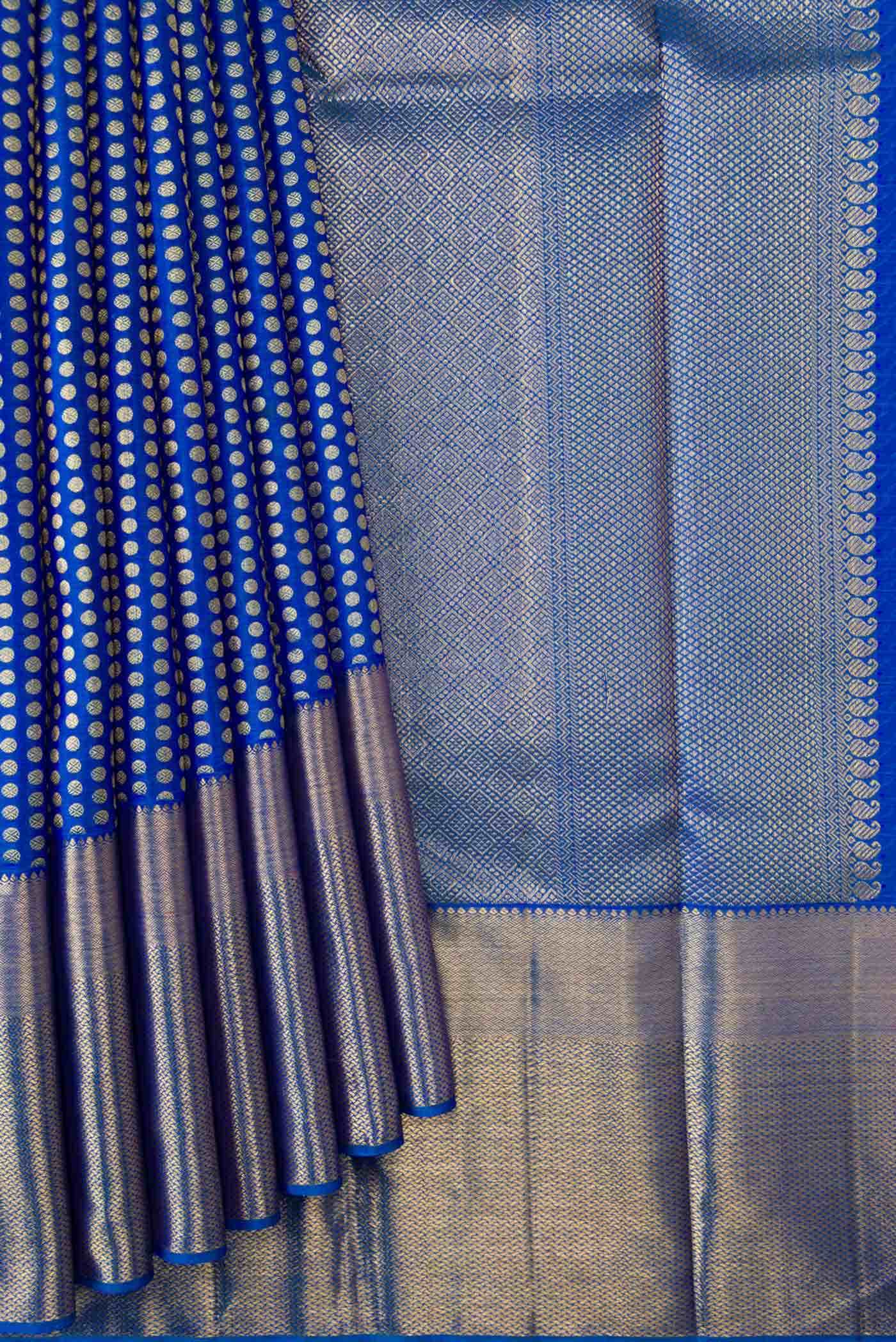 Pure Silk Pure Zari Peacock Blue Dual Tone Kanjivaram Saree - Image 2