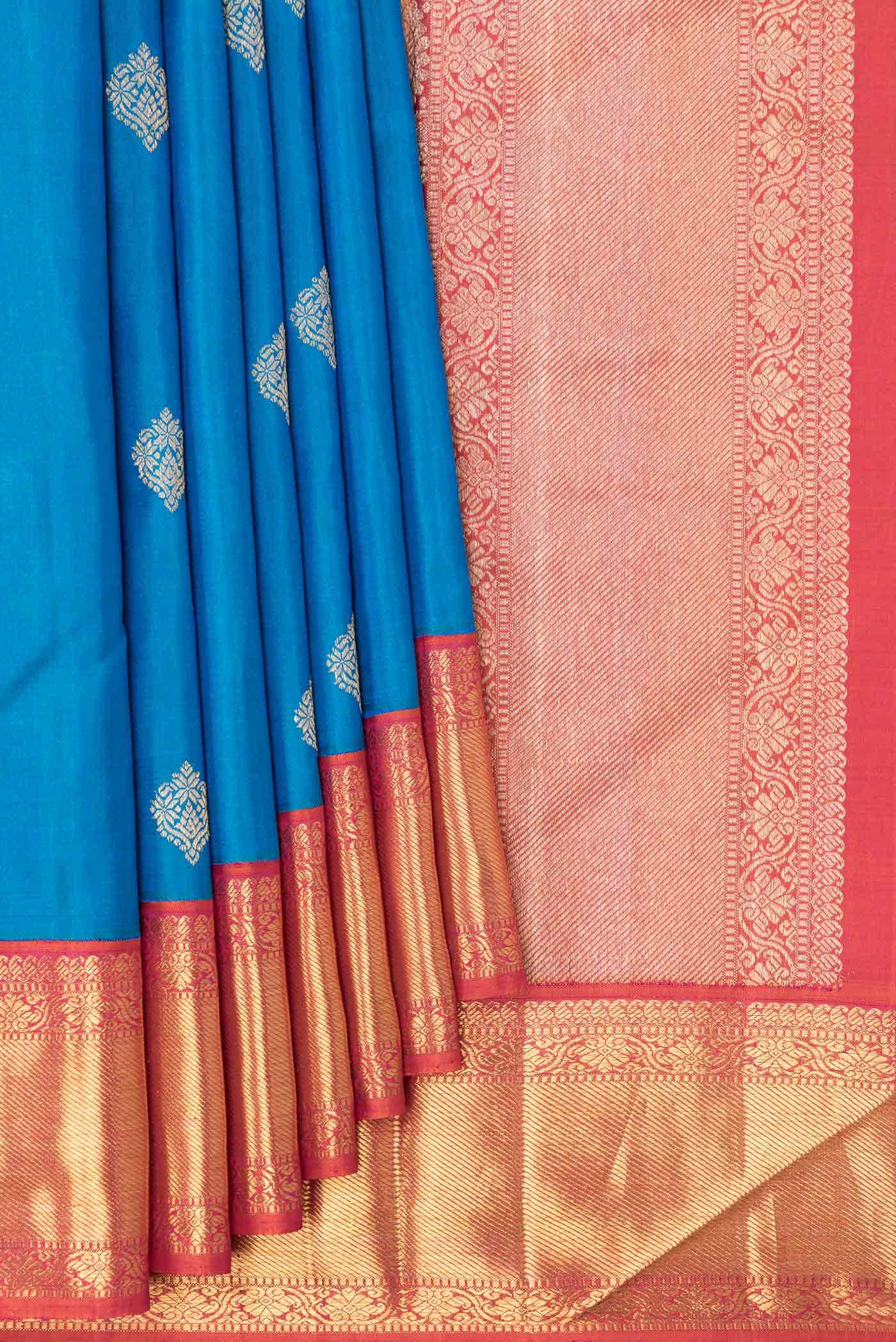 Pure Silk Pure Zari Peacock Blue Dual Tone Kanjivaram Saree - Image 2
