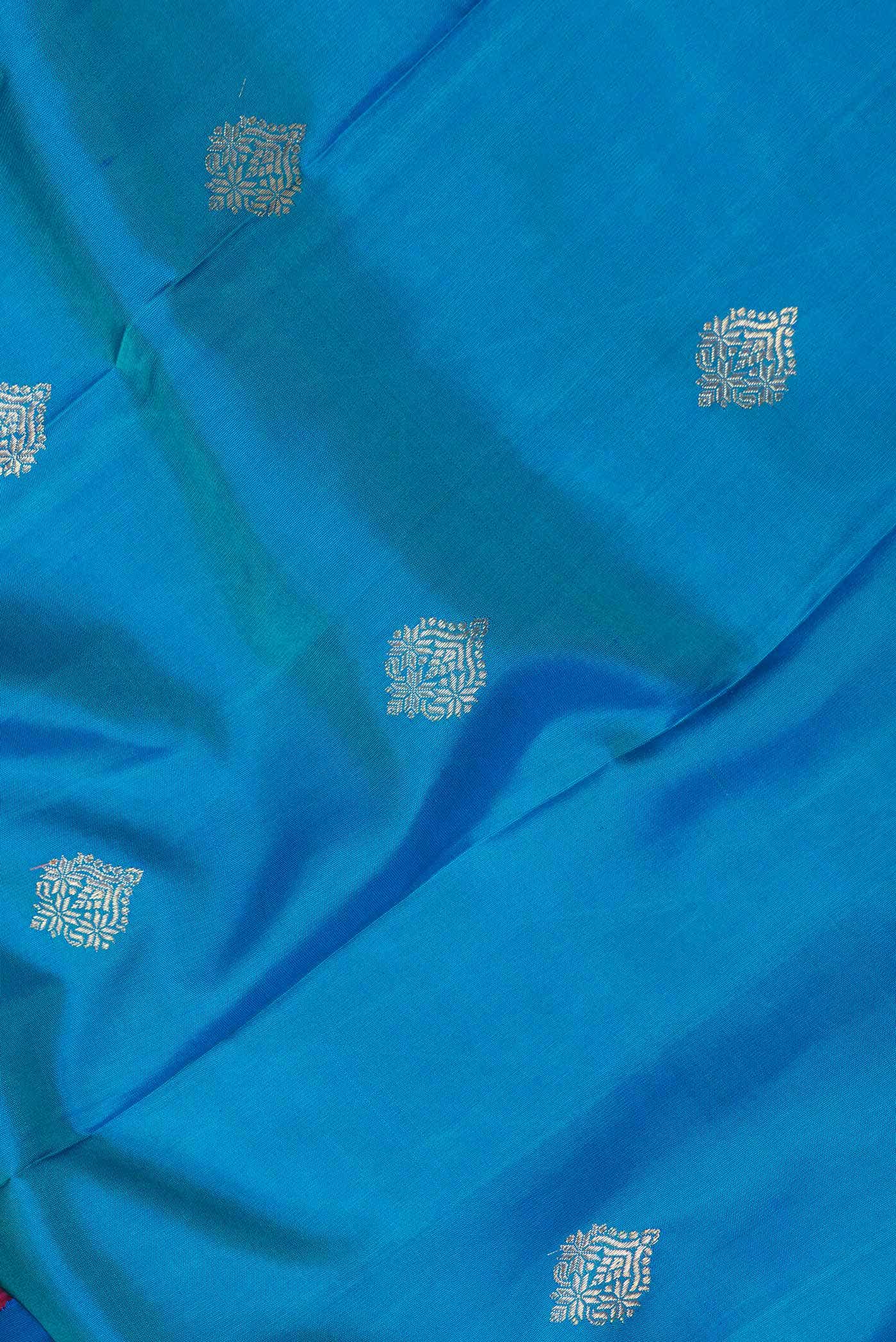 Pure Silk Pure Zari Peacock Blue Dual Tone Kanjivaram Saree - Image 3