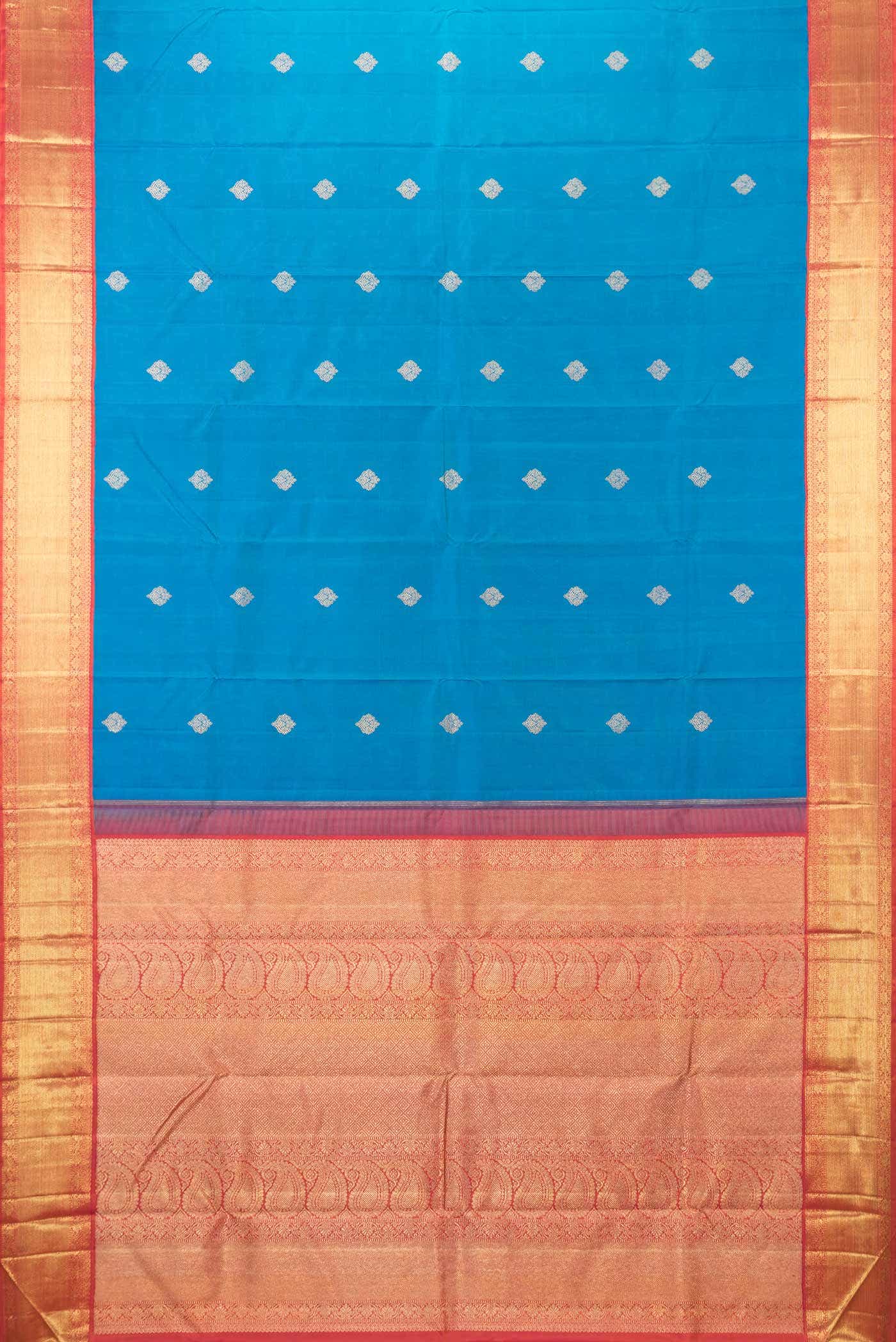 Pure Silk Pure Zari Peacock Blue Dual Tone Kanjivaram Saree - Image 4