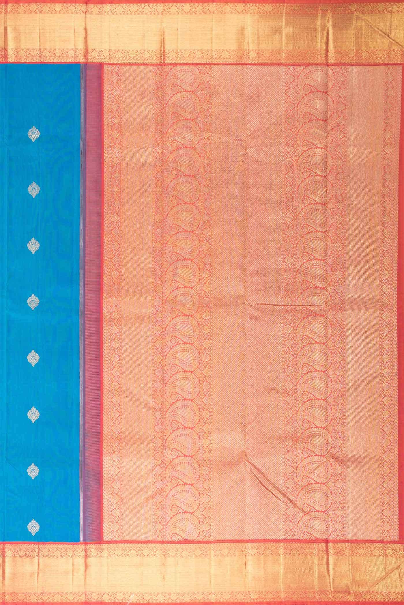 Pure Silk Pure Zari Peacock Blue Dual Tone Kanjivaram Saree - Image 5