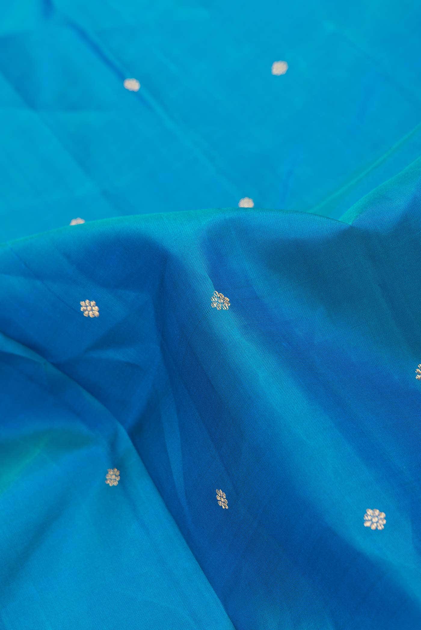Pure Silk Pure Zari Peacock Blue Dual Tone Kanchipuram Saree - Image 3