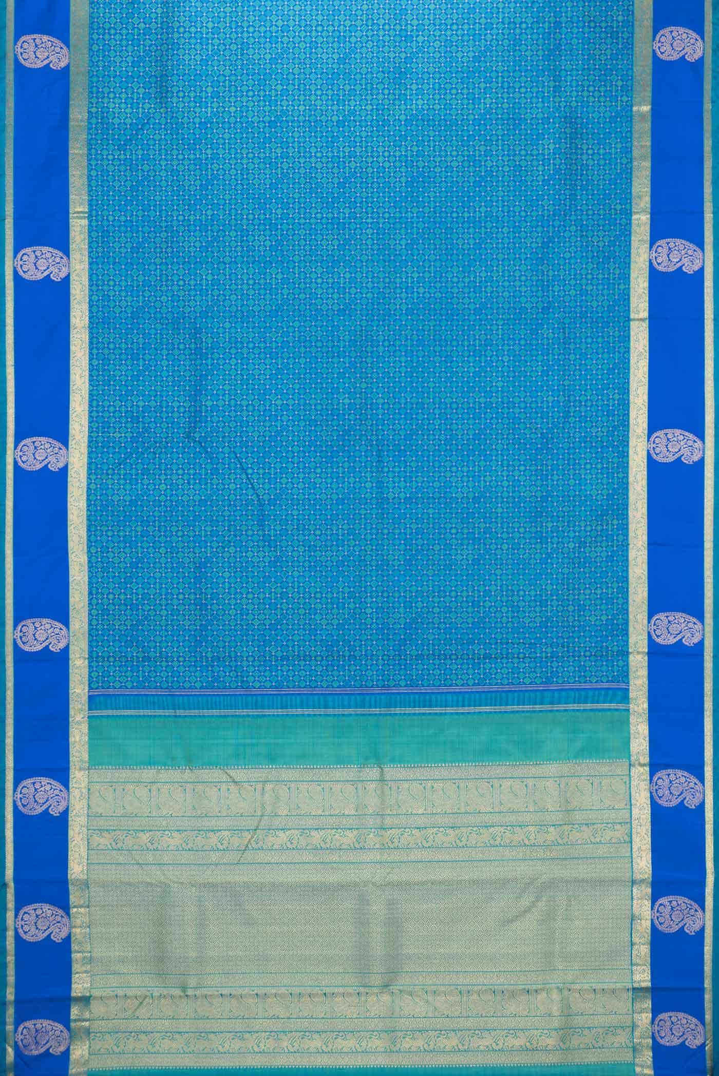 Pure Silk Pure Zari Peacock Blue Dual Tone Kanchipuram Saree - Image 4