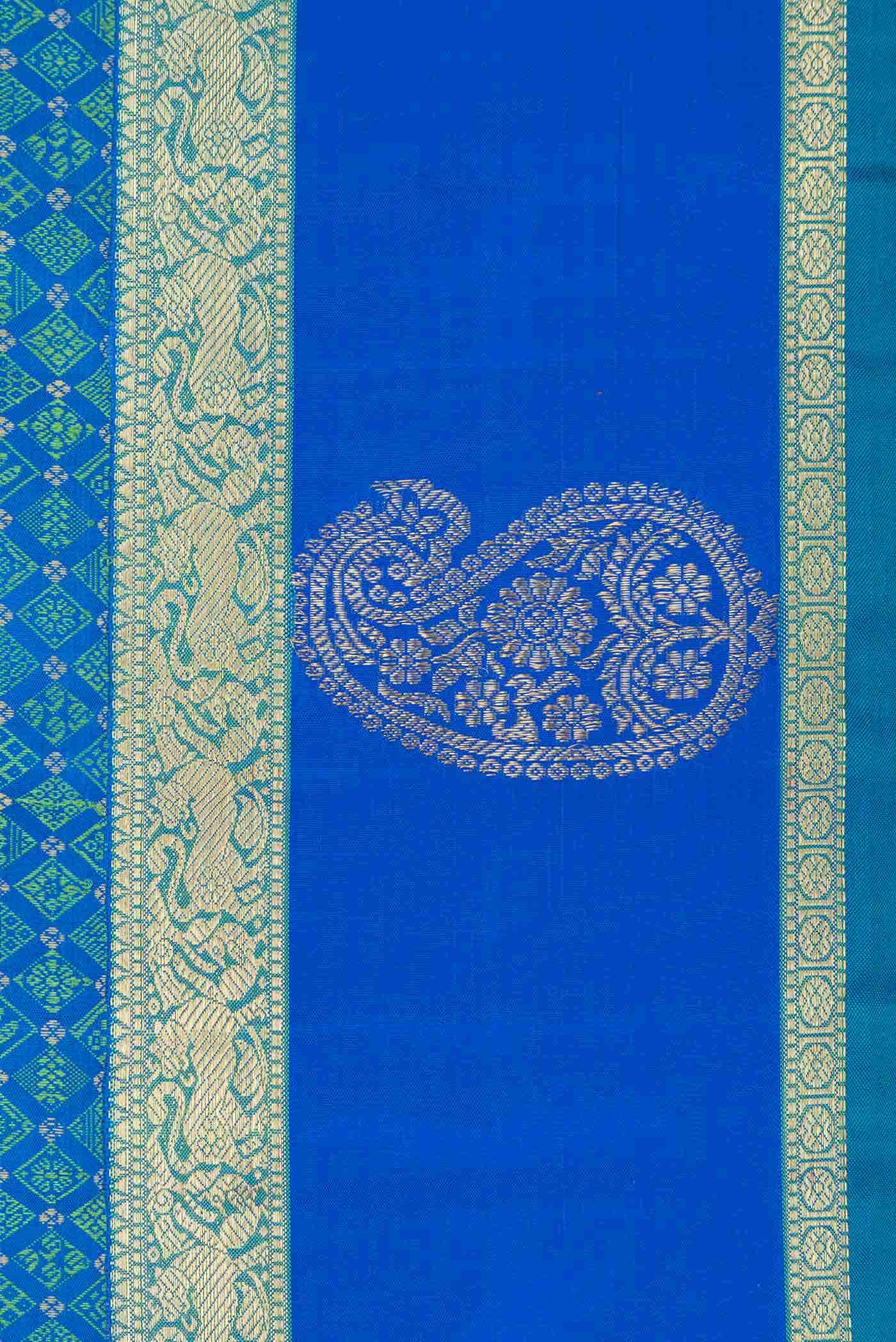 Pure Silk Pure Zari Peacock Blue Dual Tone Kanchipuram Saree - Image 6