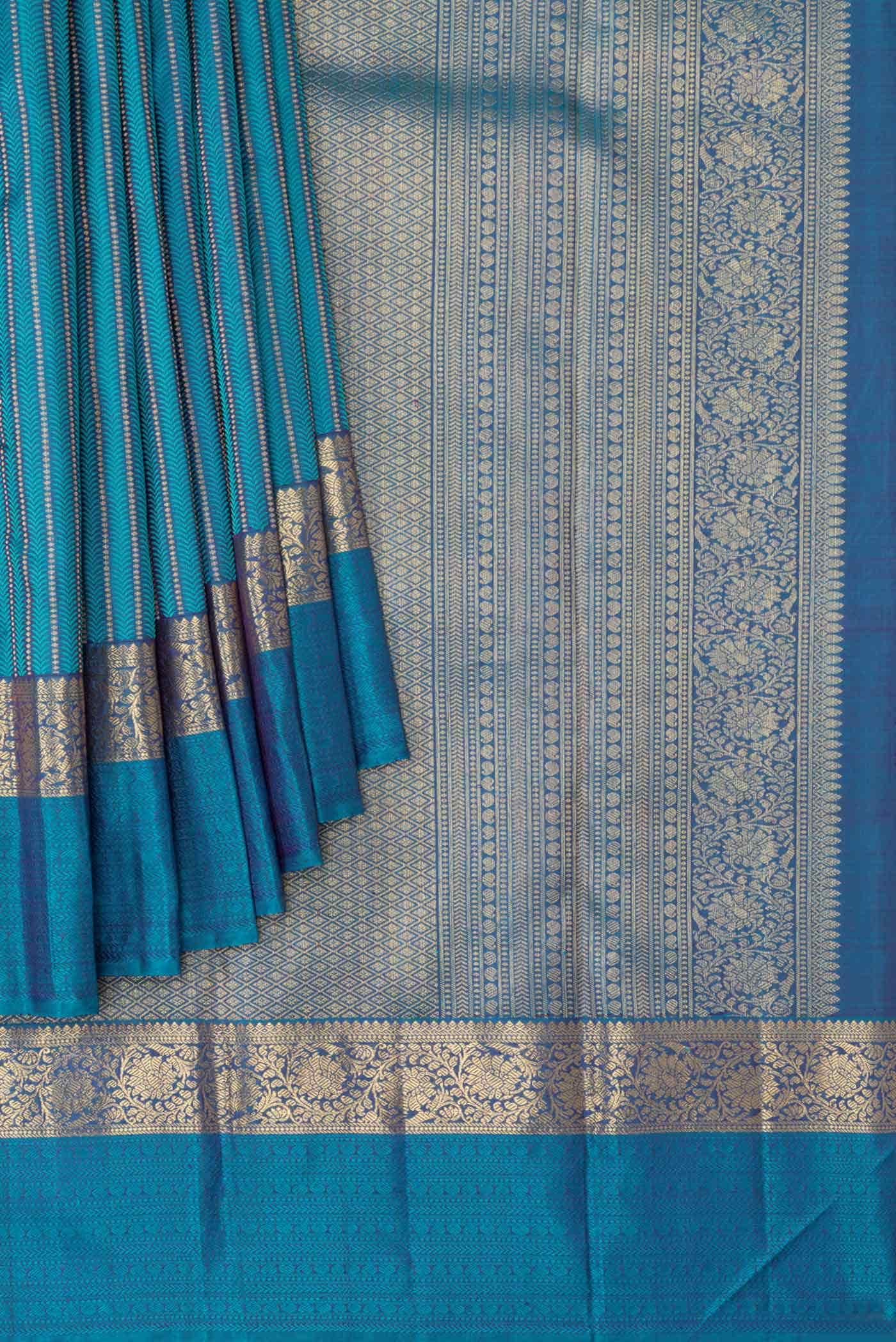 Pure Silk Pure Zari Peacock Blue Dual Tone Kanchipuram Saree - Image 2