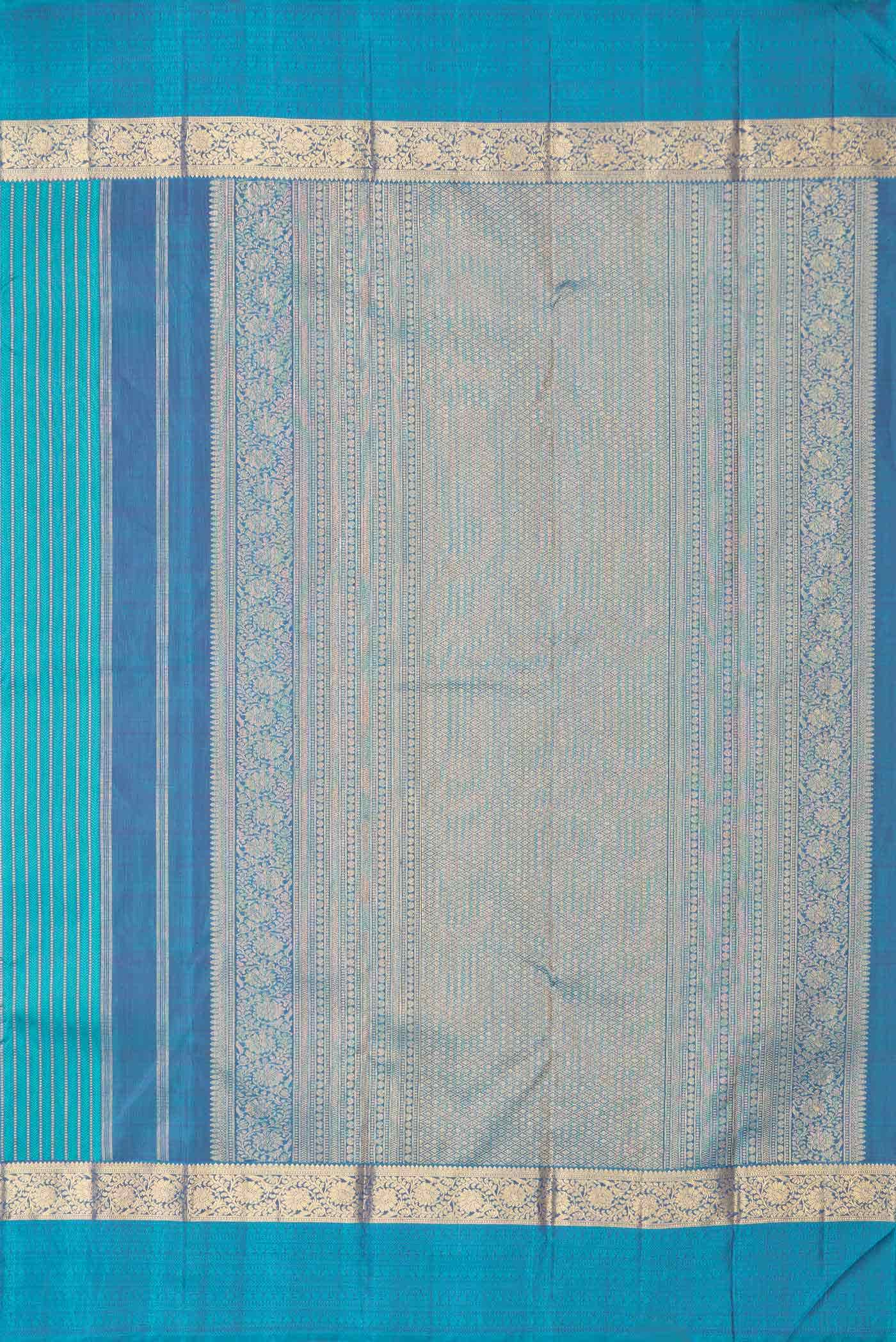 Pure Silk Pure Zari Peacock Blue Dual Tone Kanchipuram Saree - Image 5
