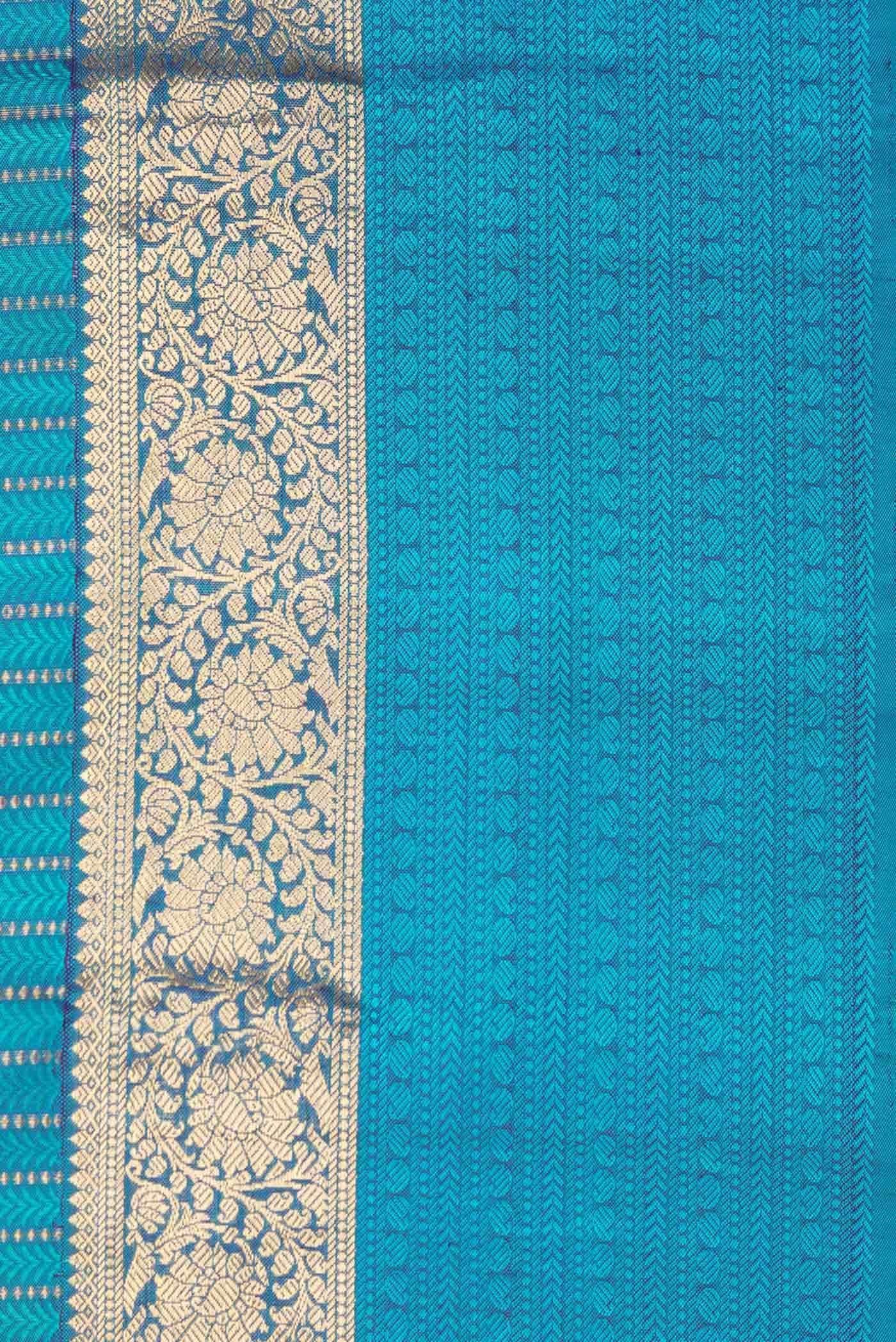 Pure Silk Pure Zari Peacock Blue Dual Tone Kanchipuram Saree - Image 6