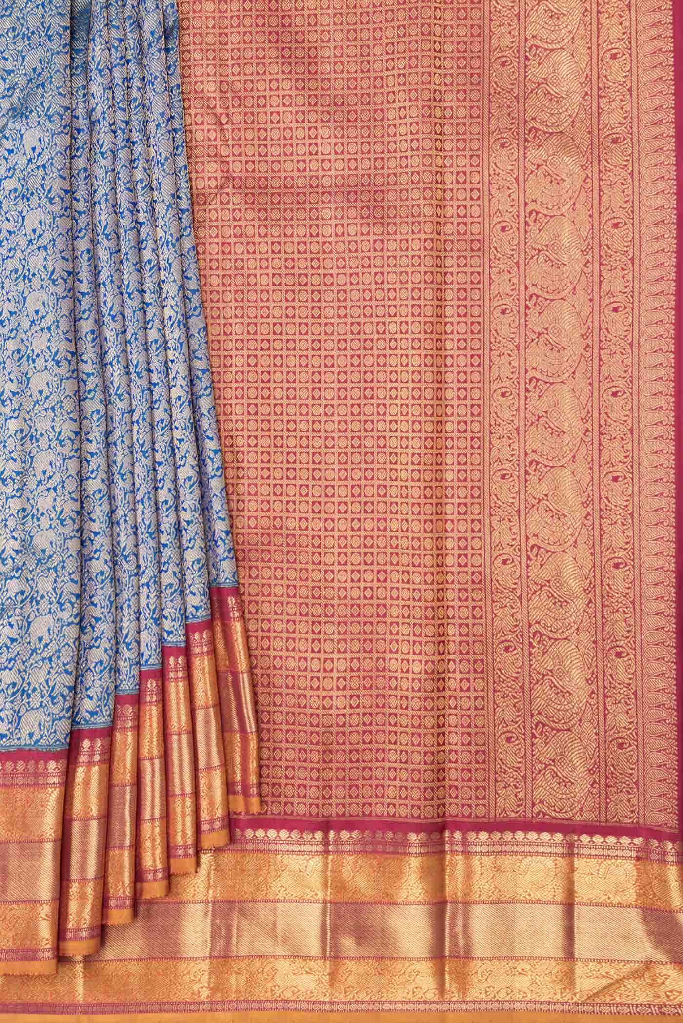 Pure Silk Pure Zari Peacock Blue Dual Tone Kanjivaram Saree - Image 2
