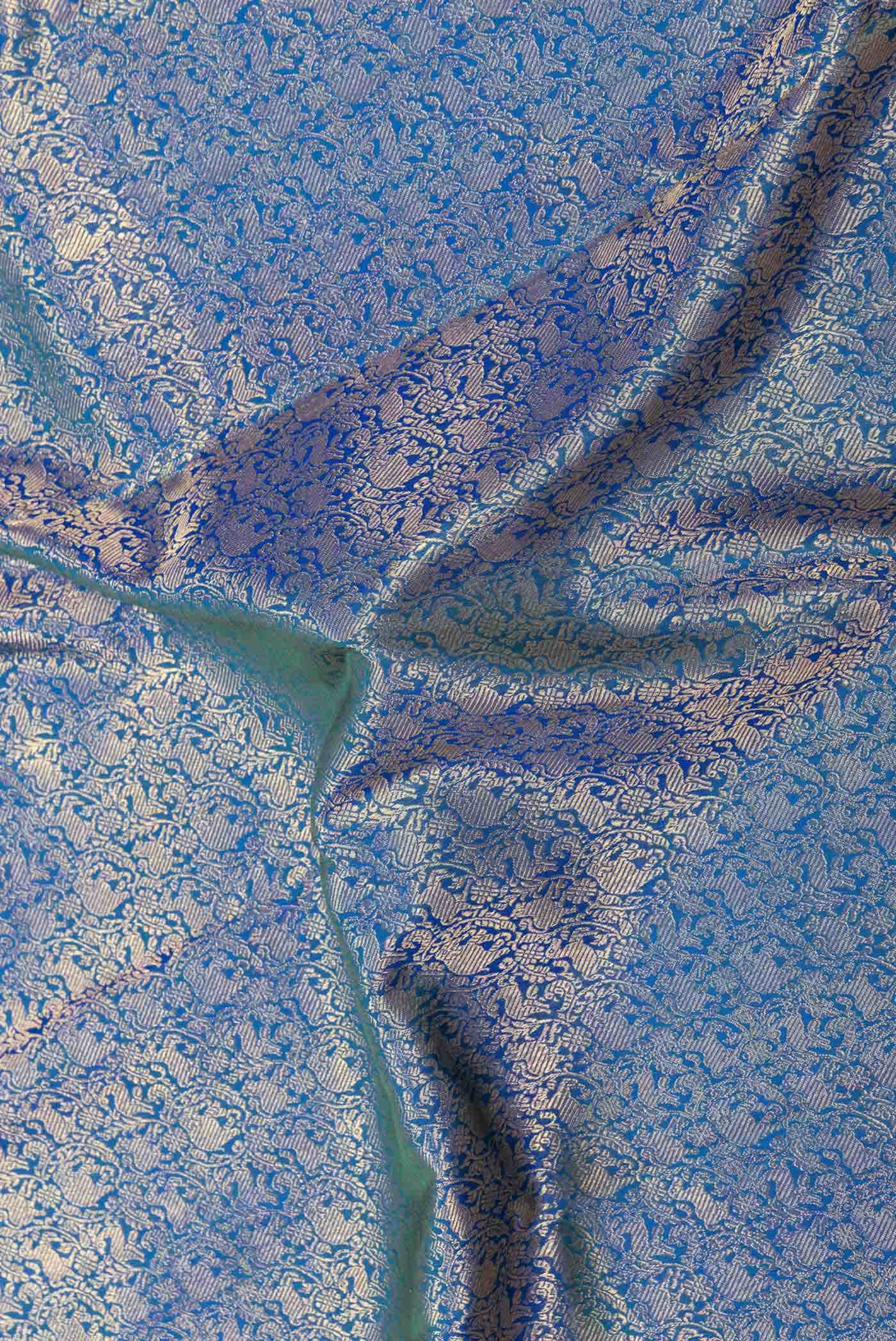 Pure Silk Pure Zari Peacock Blue Dual Tone Kanjivaram Saree - Image 3
