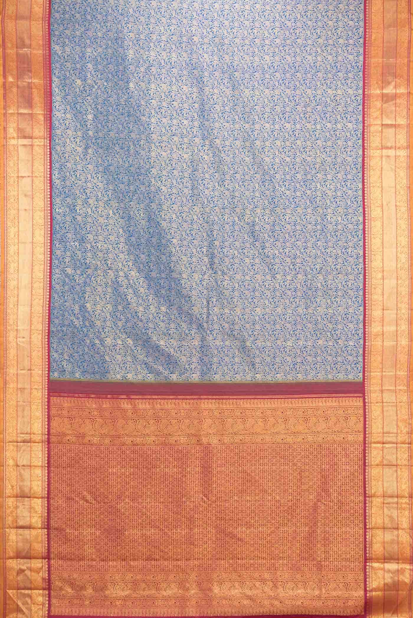Pure Silk Pure Zari Peacock Blue Dual Tone Kanjivaram Saree - Image 4