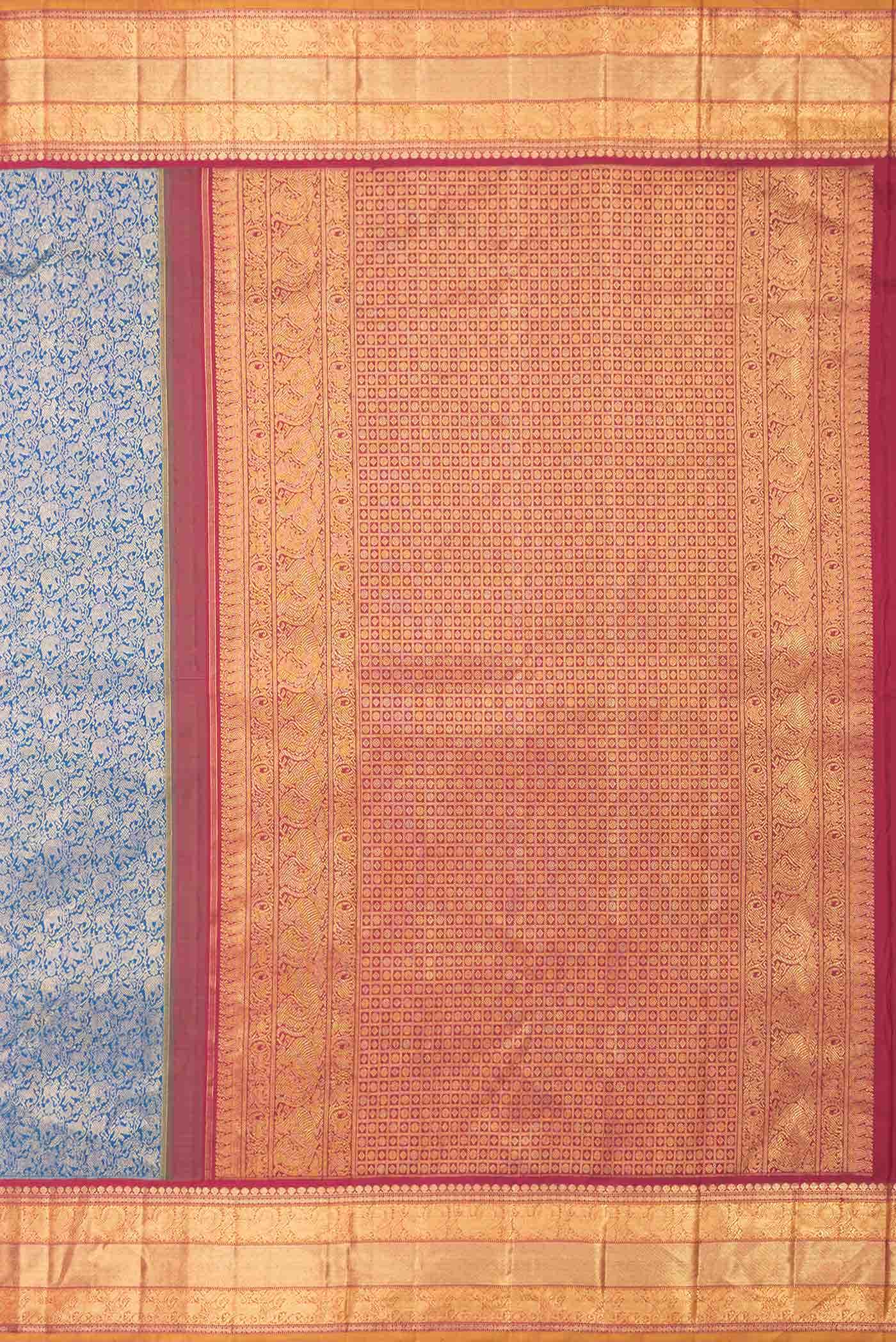Pure Silk Pure Zari Peacock Blue Dual Tone Kanjivaram Saree - Image 5