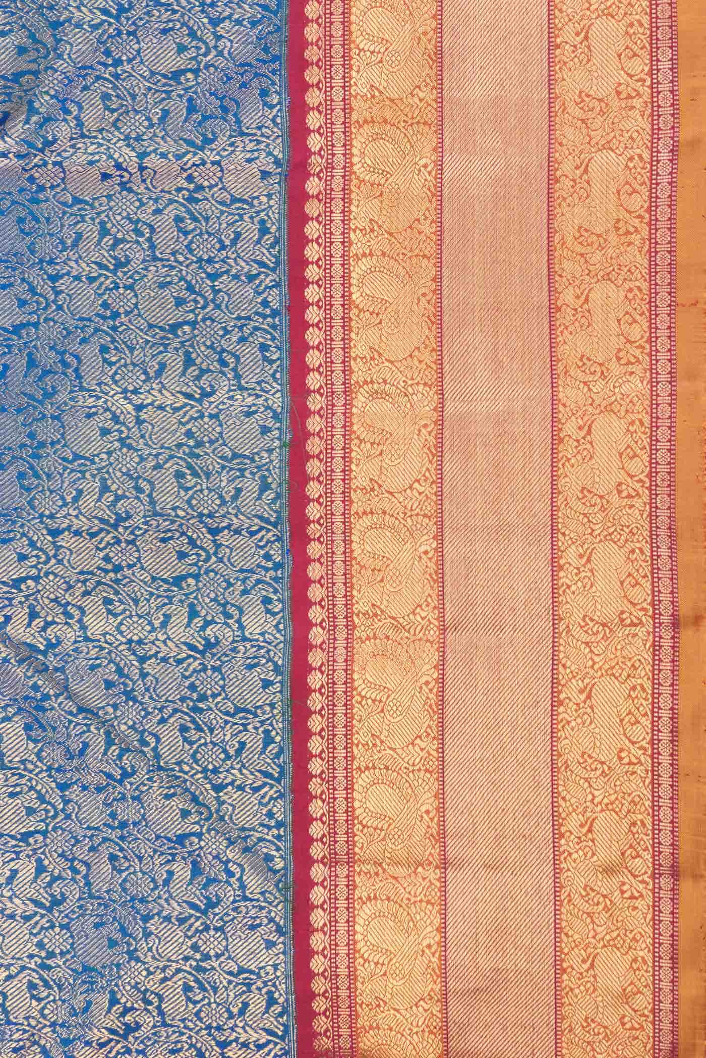 Pure Silk Pure Zari Peacock Blue Dual Tone Kanjivaram Saree - Image 6