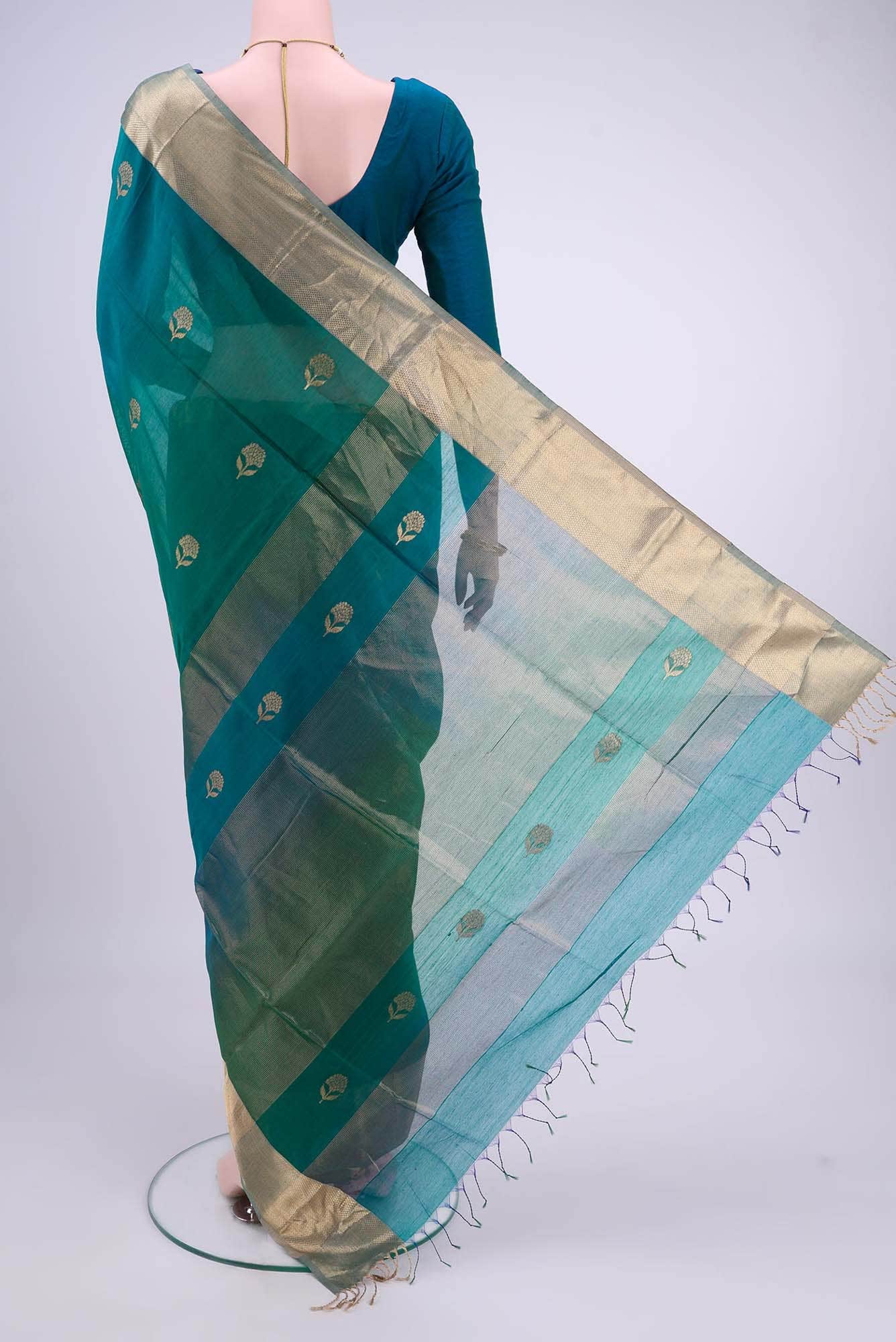 Peacock Blue Dual Tone Maheshwari Silk Cotton Saree - Image 2