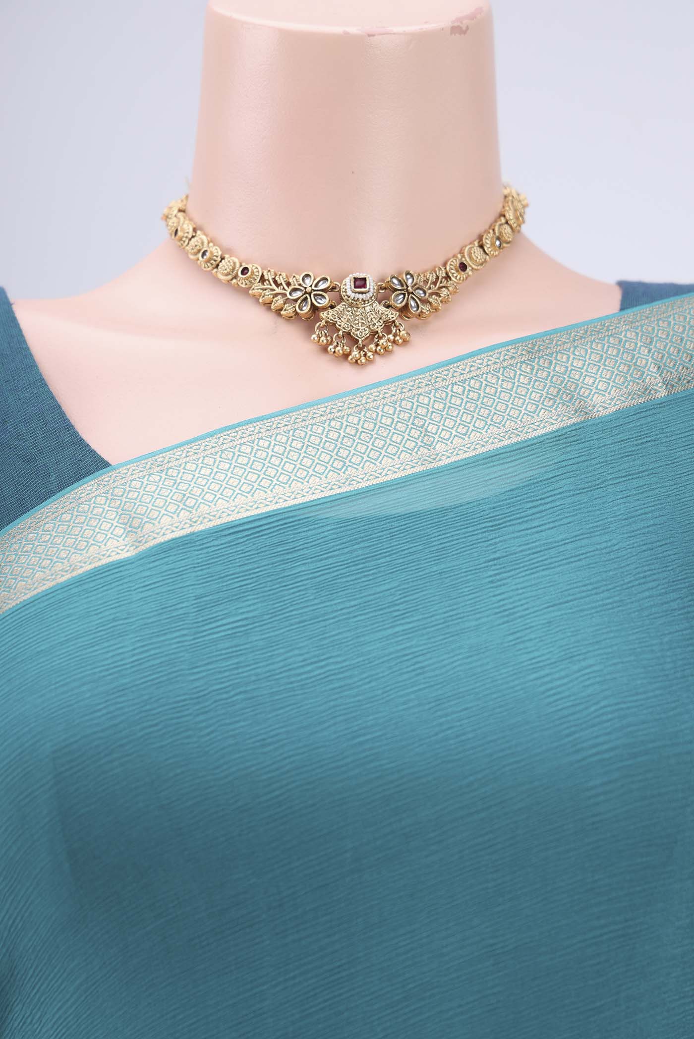 Peacock Blue Dual Tone Mysore Chiffon Saree - Image 2