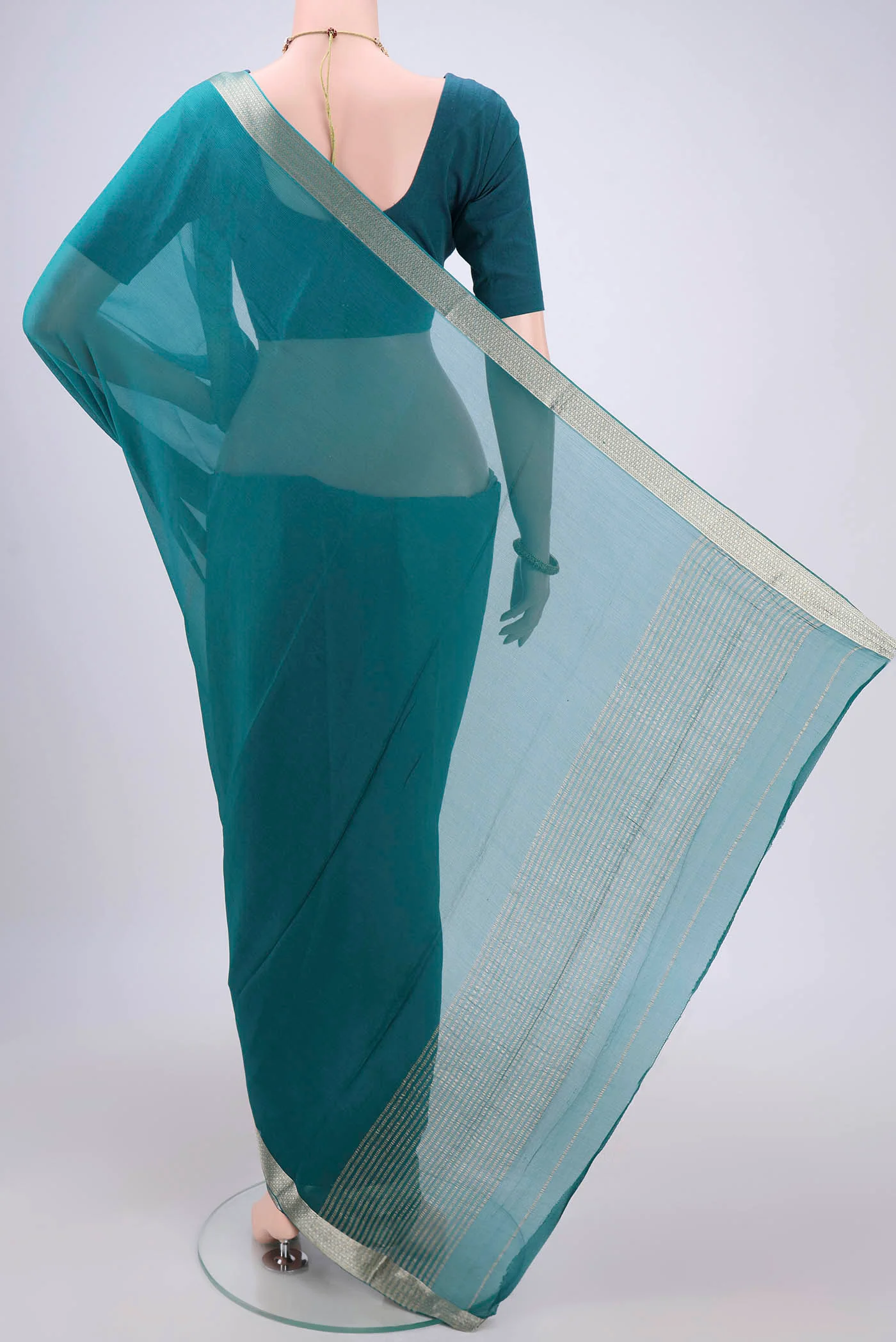 Peacock Blue Dual Tone Mysore Chiffon Saree - Image 3