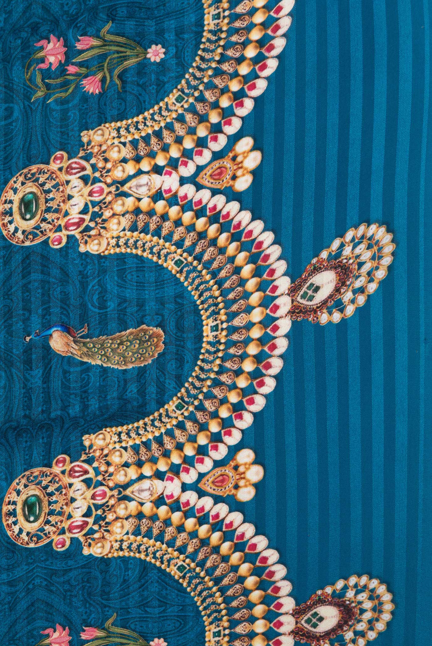 Peacock Blue Mysore Crepe Saree - Image 3