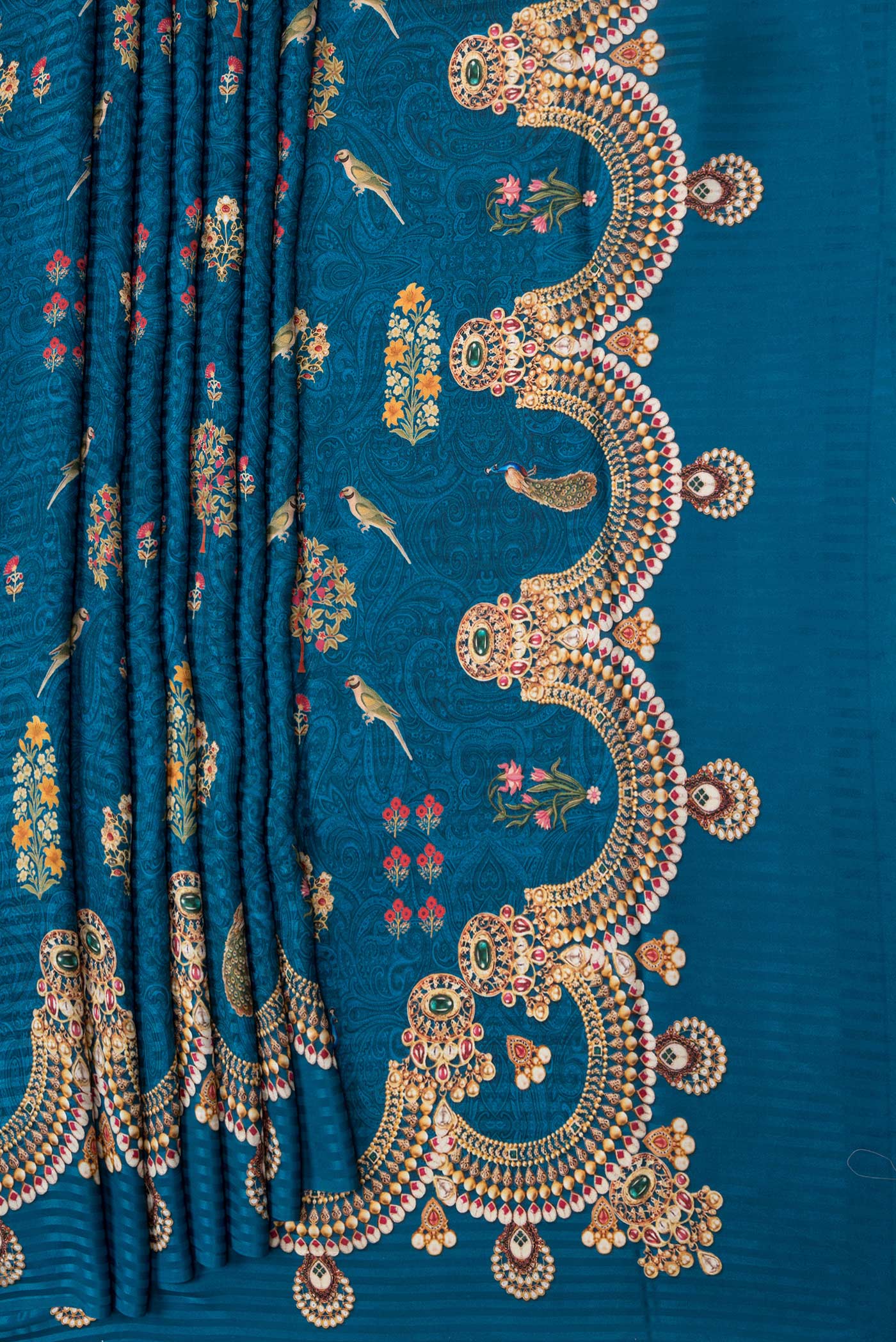 Peacock Blue Mysore Crepe Saree - Image 4