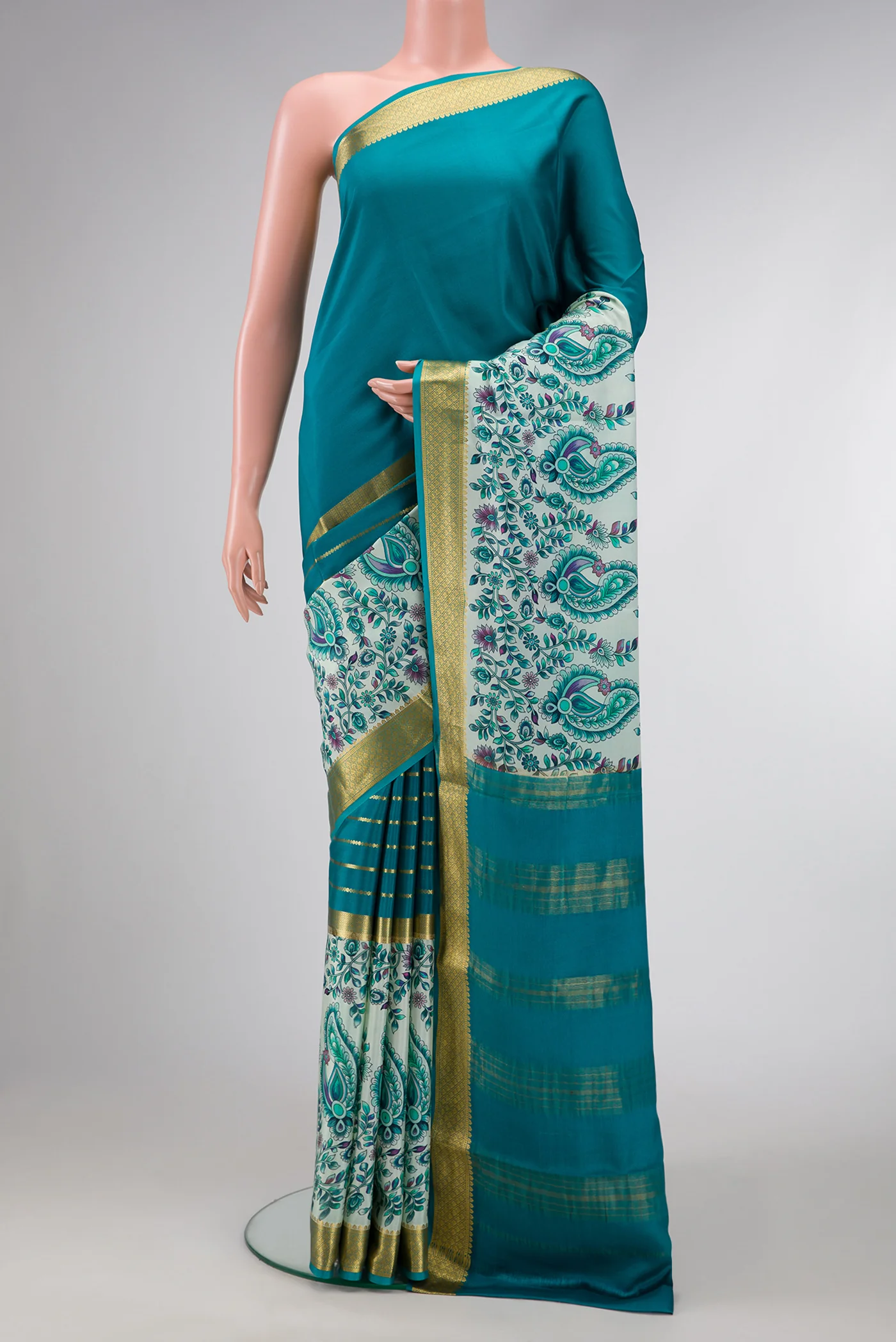 Peacock Blue Mysore Crepe Saree