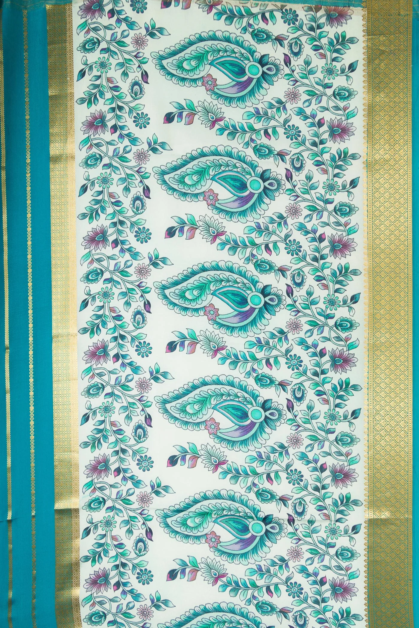 Peacock Blue Mysore Crepe Saree - Image 3