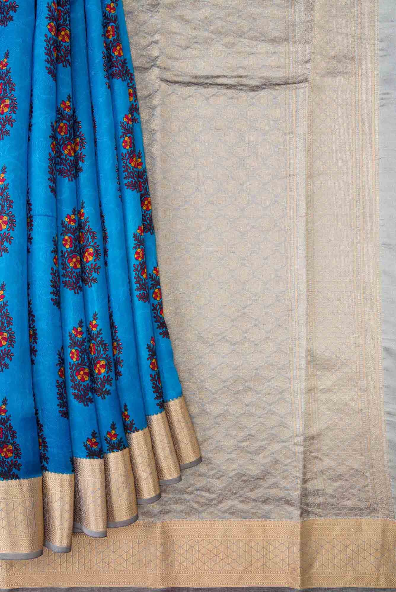 Blue Printed Silk Saree - Image 2
