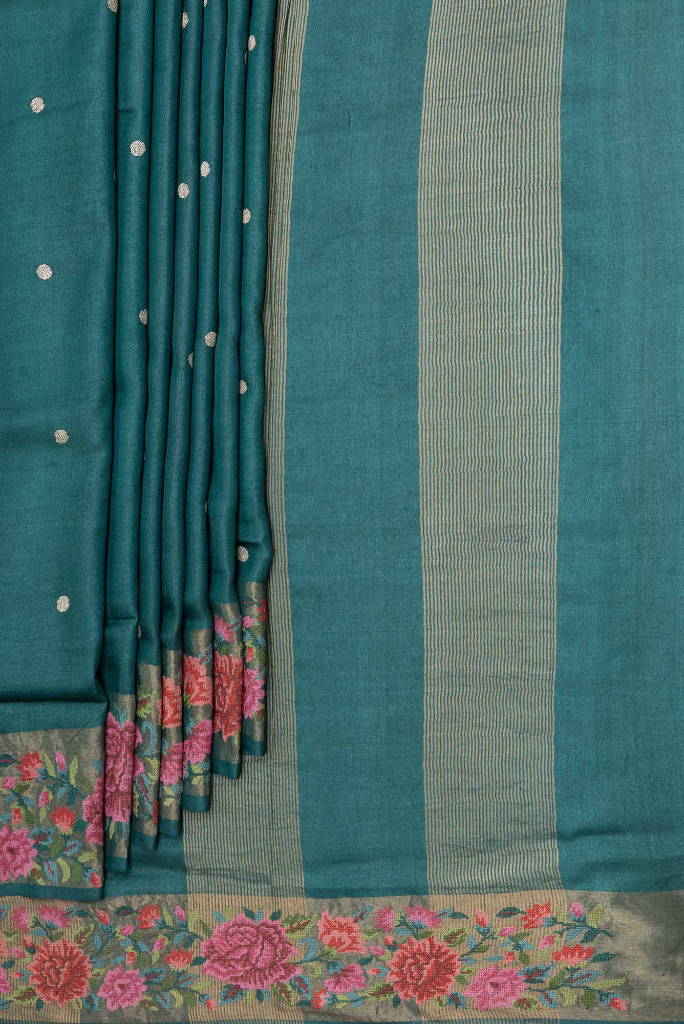 Peacock Blue Dual Tone Tussar Saree - Image 4