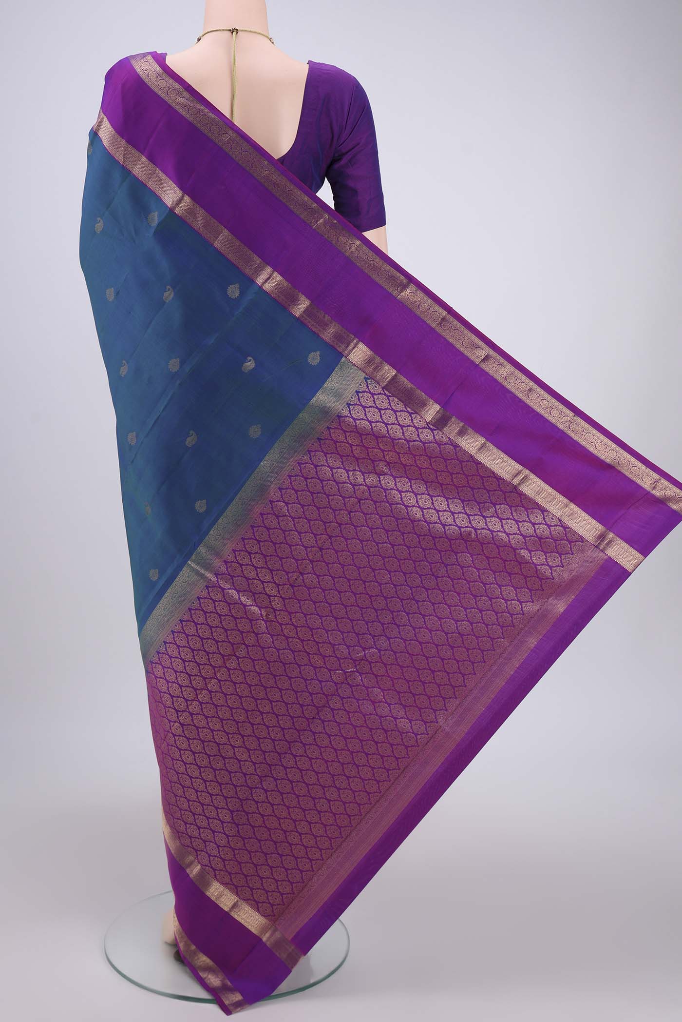 Peacock Blue Kanchipuram Silk Saree - Image 3