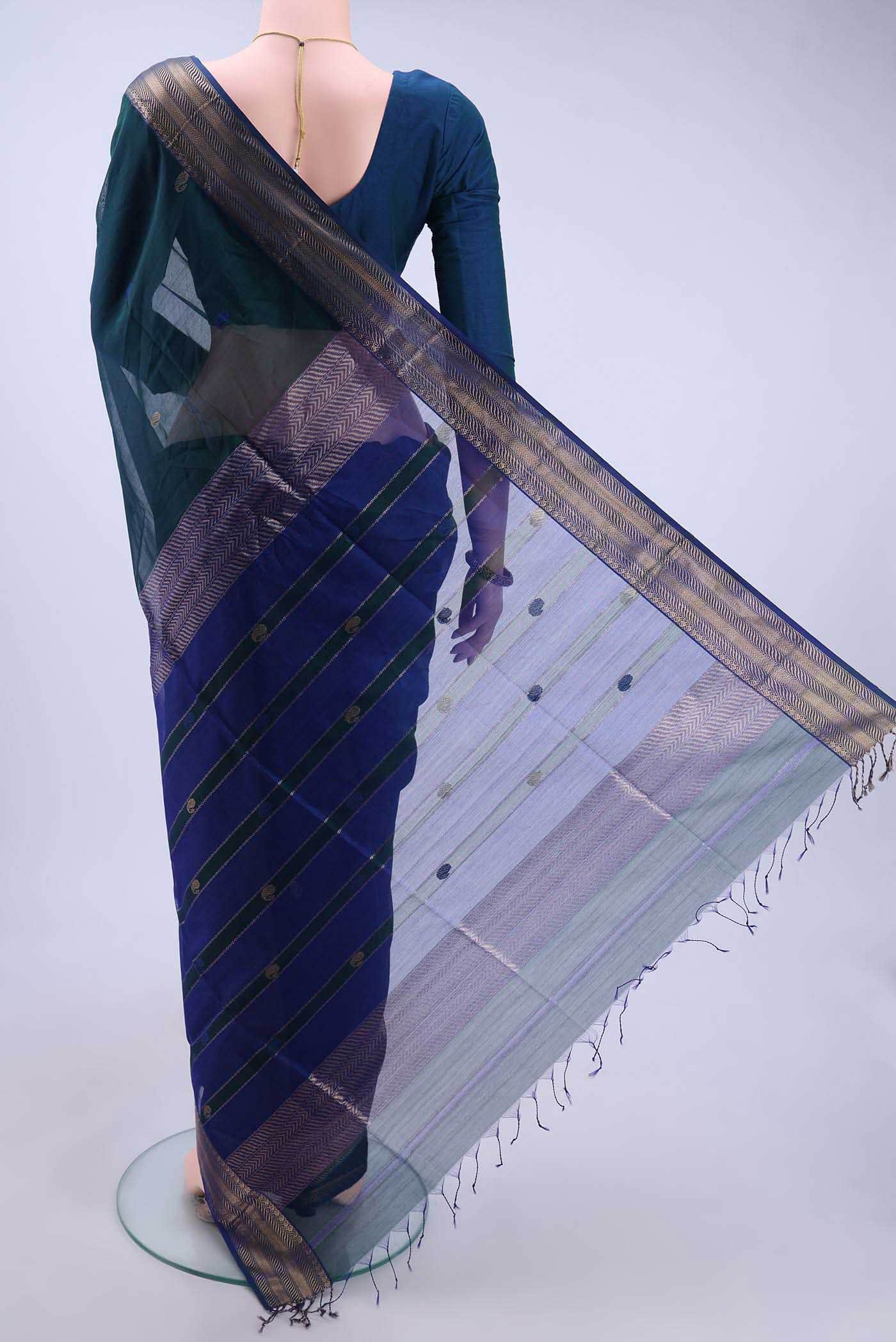 Peacock Blue Maheshwari Silk Saree - Image 2