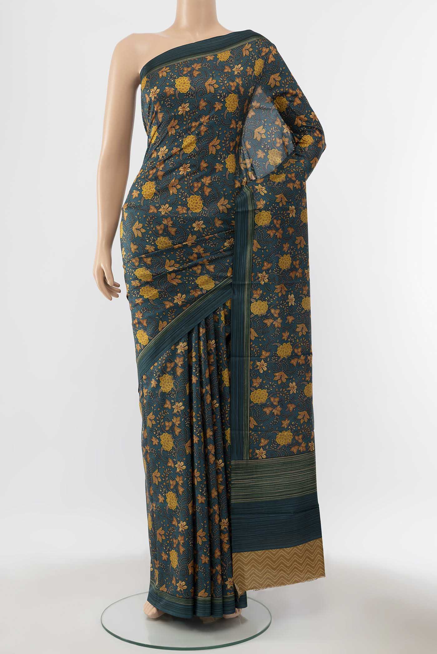 Peacock Blue Printed Silk Saree