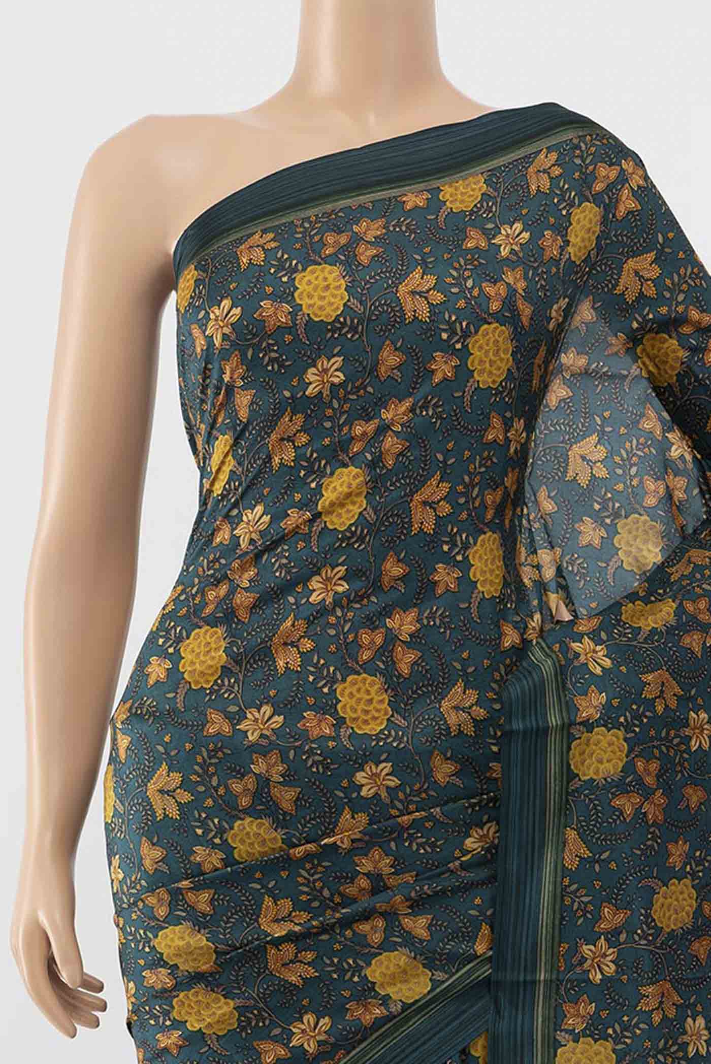Peacock Blue Printed Silk Saree - Image 2