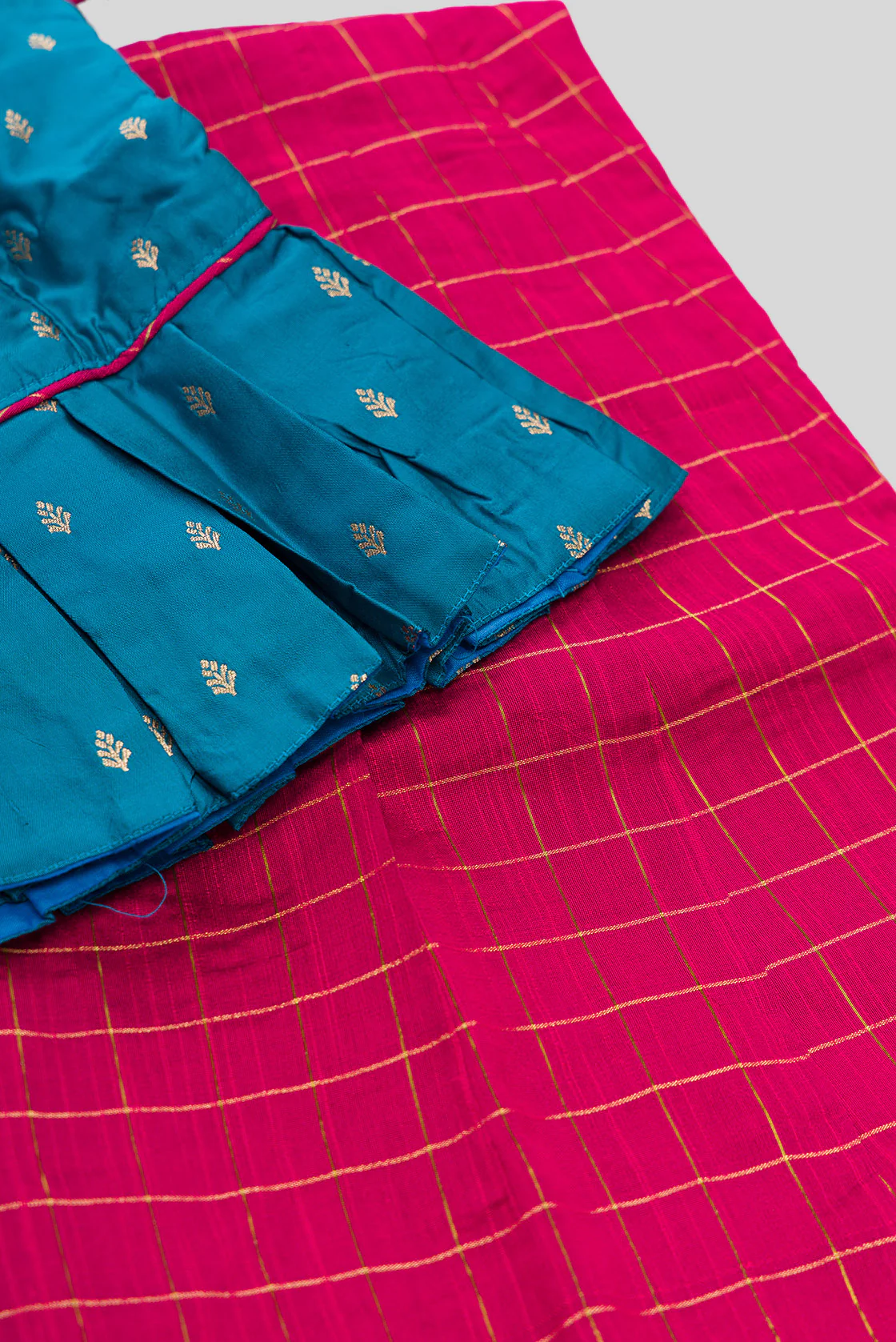 Peacock Blue Readymade Cotton Pavadai Set  | Lehanga & Blouse - Image 6