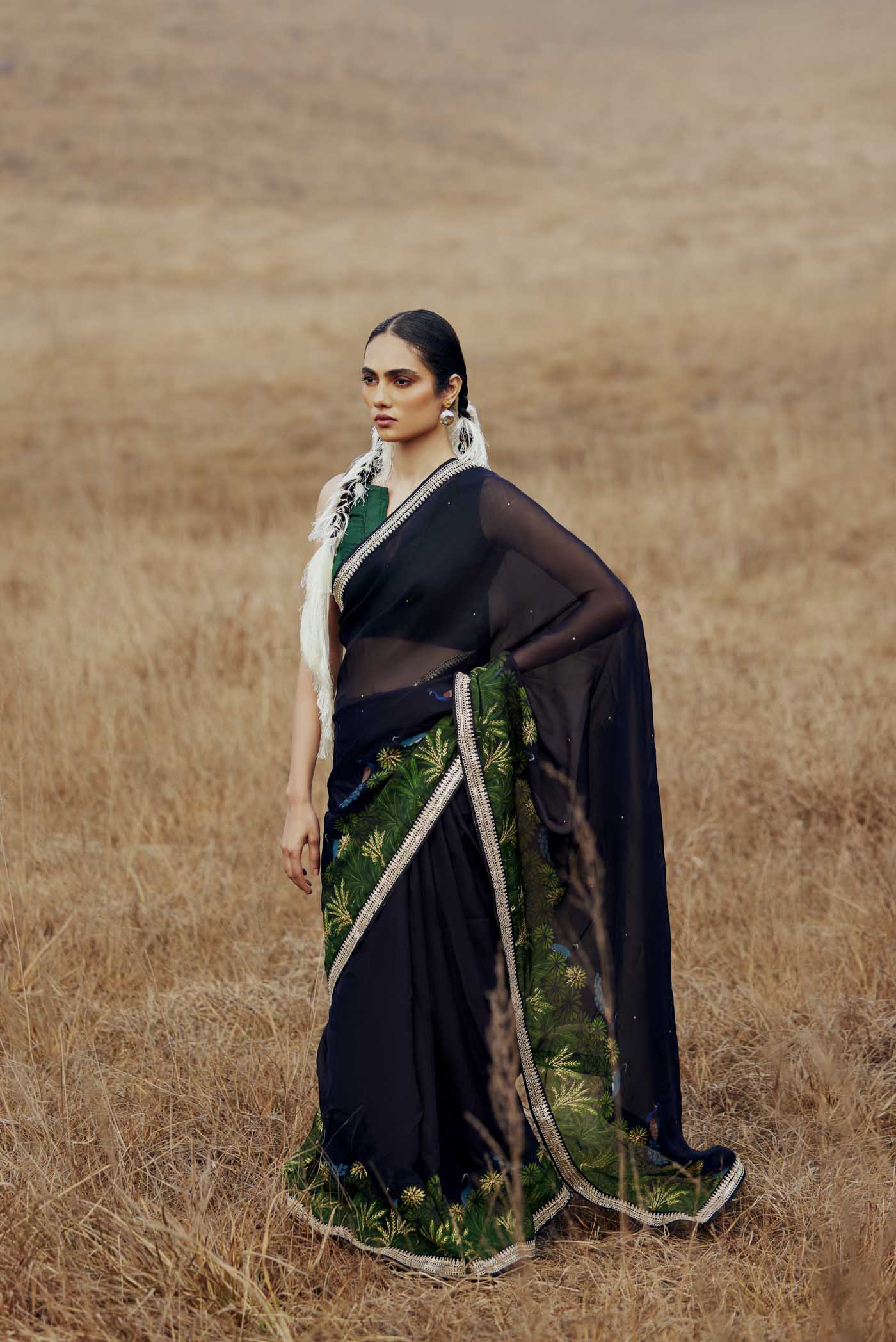 Peacocks in Love-Black Organza Silk Saree