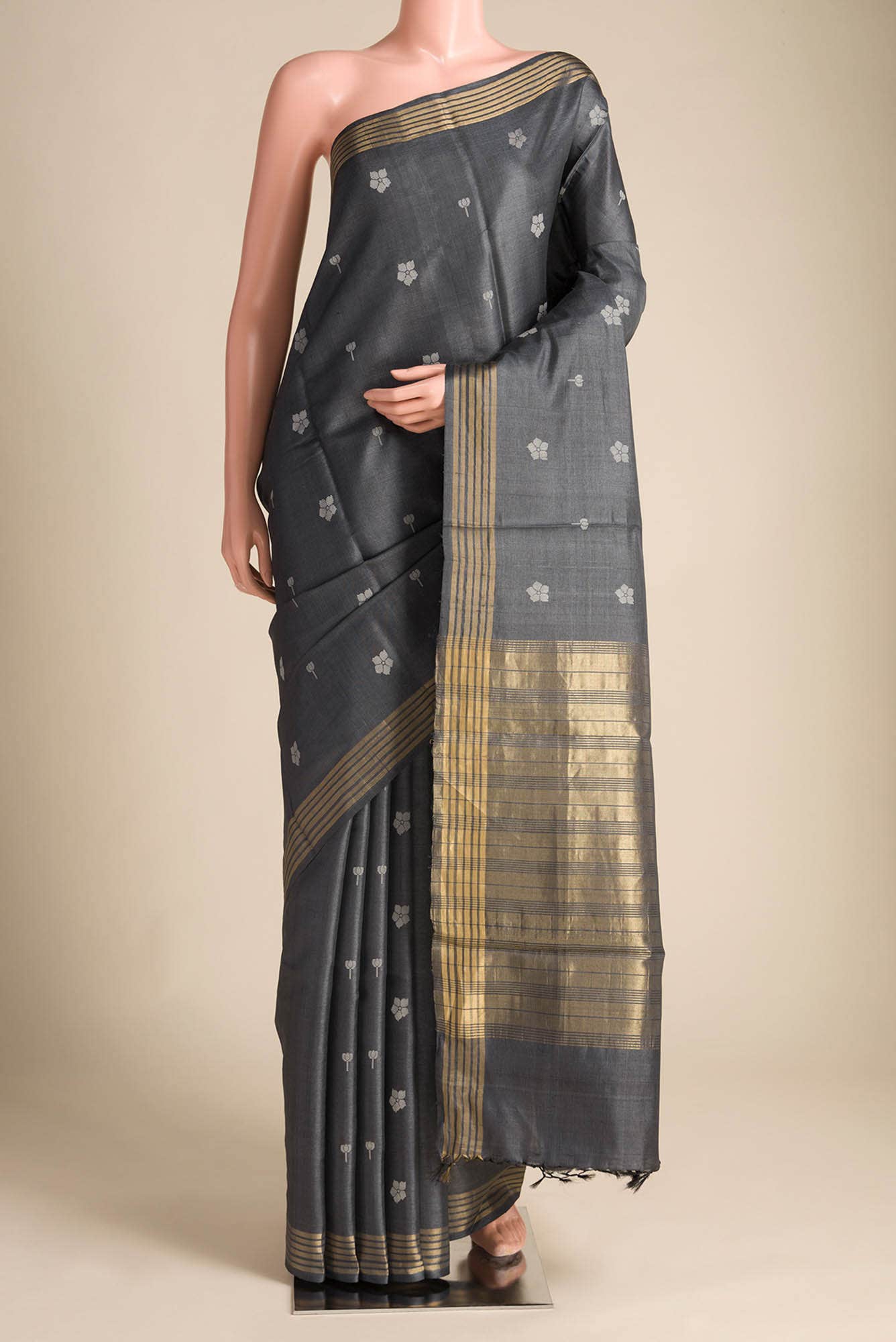 Perfume of Love-Dark Grey Bhagalpuri Tussar Silk Saree - Image 2