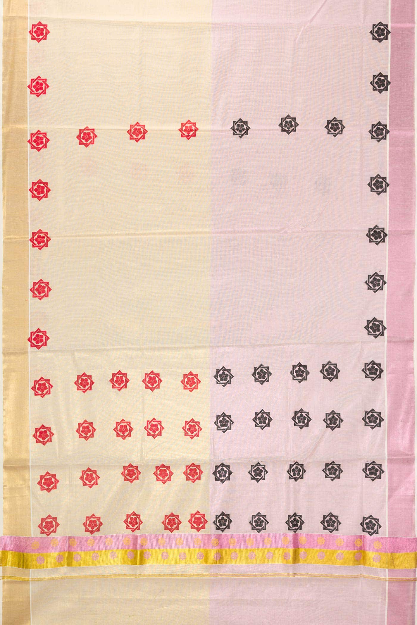 Pink and Gold Dual Tone Kerala Cotton Saree - Image 2