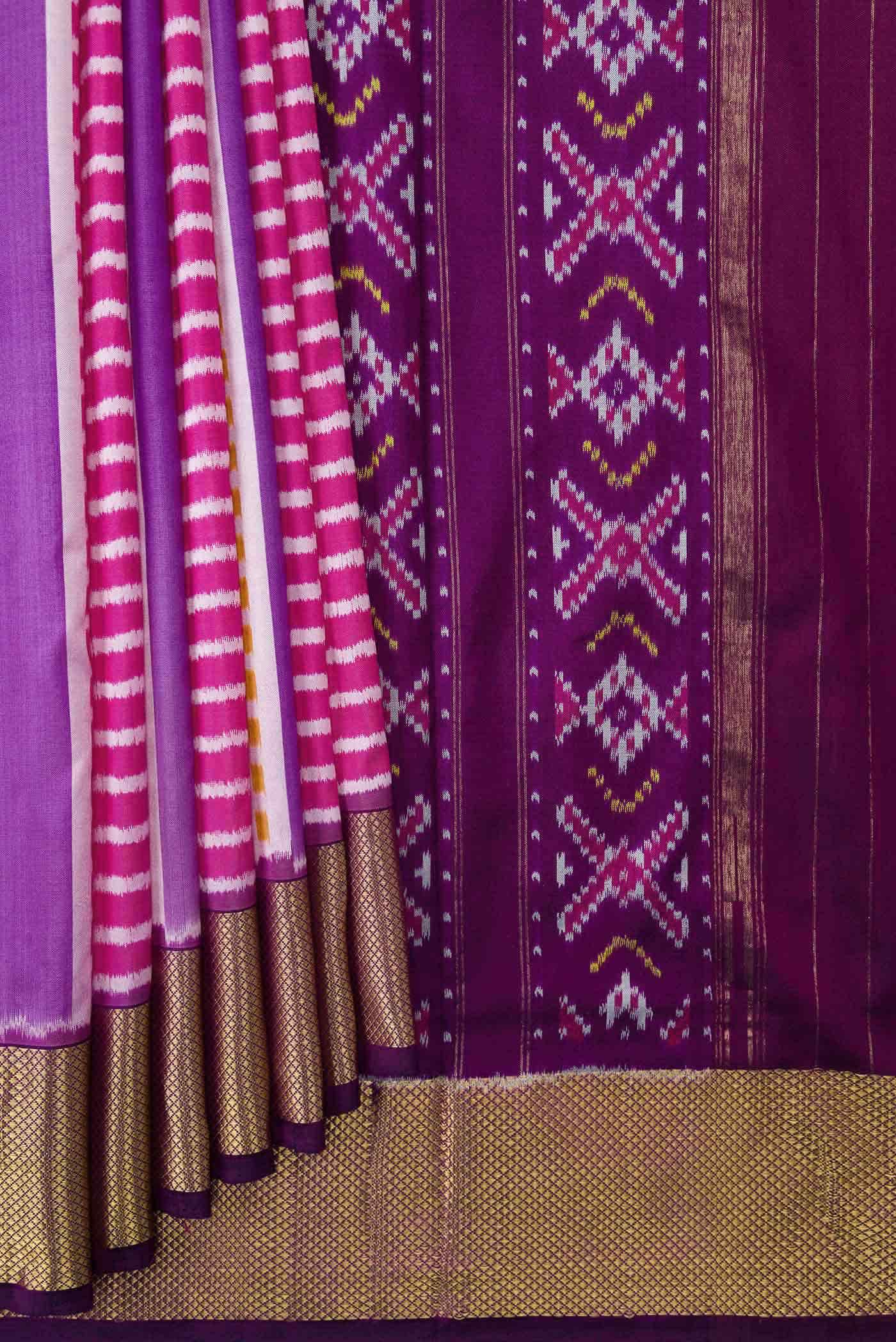 Pink and Lavender Dual Tone Double Ikat Saree - Image 2