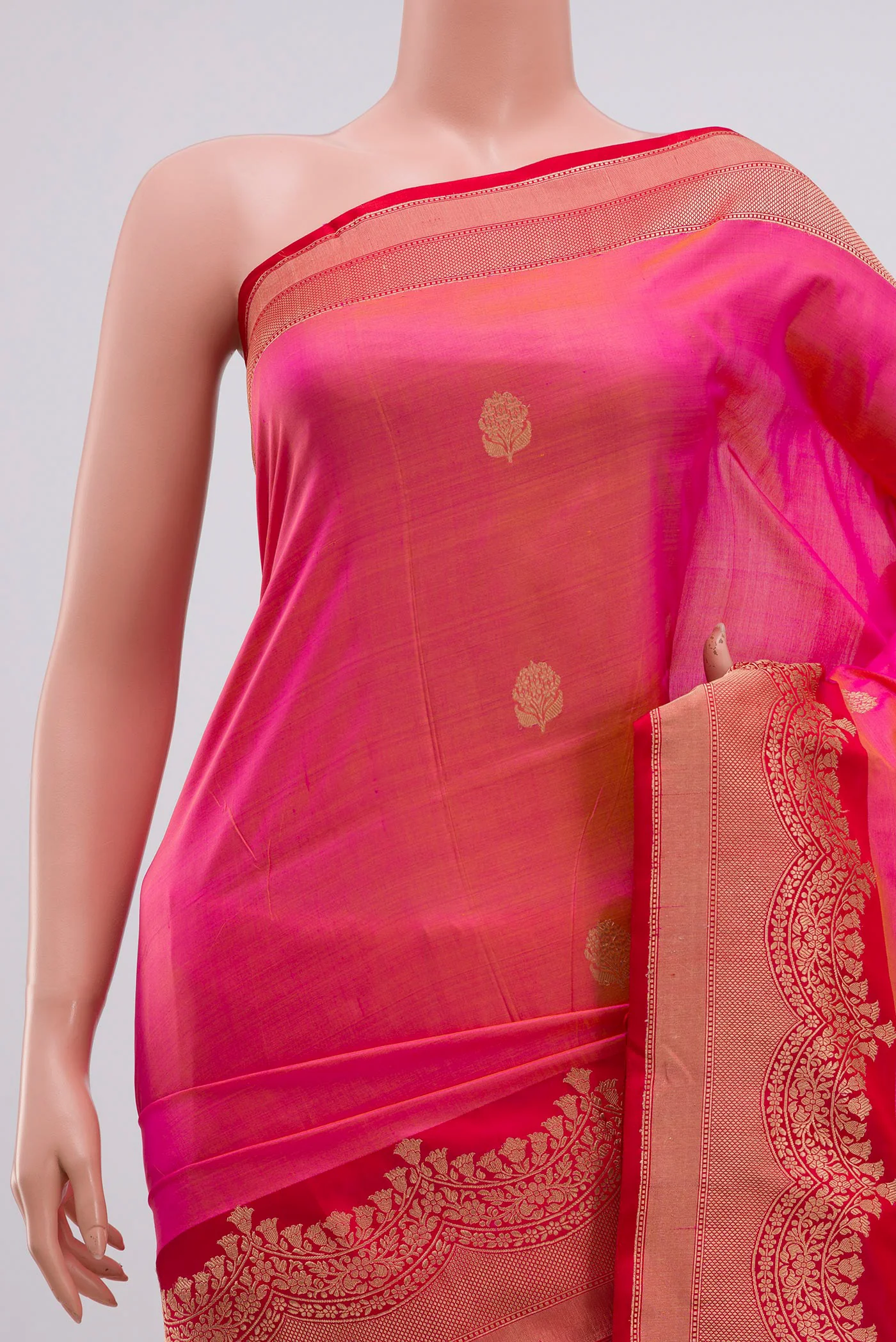 Pink with Yellow Color Banarasi Katan Silk Saree - Image 2