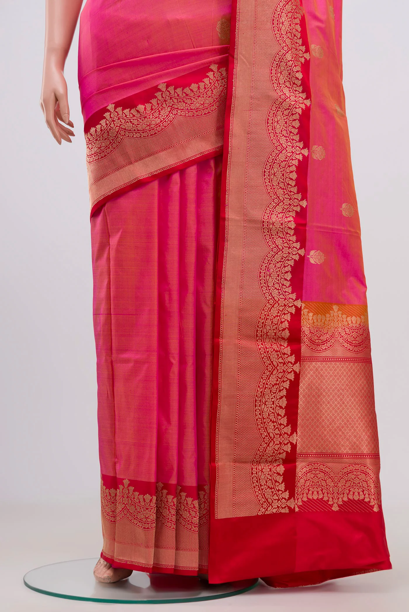 Pink with Yellow Color Banarasi Katan Silk Saree - Image 3