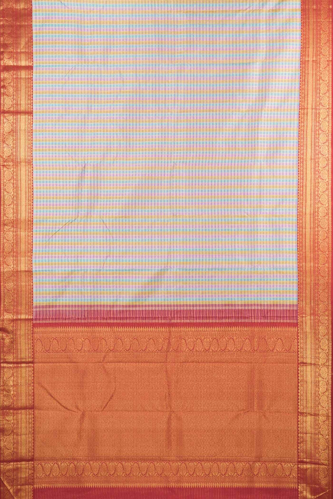 Pure Silk Pure Zari Pink, Blue and Gold Dual Tone Kanchipuram Saree - Image 4