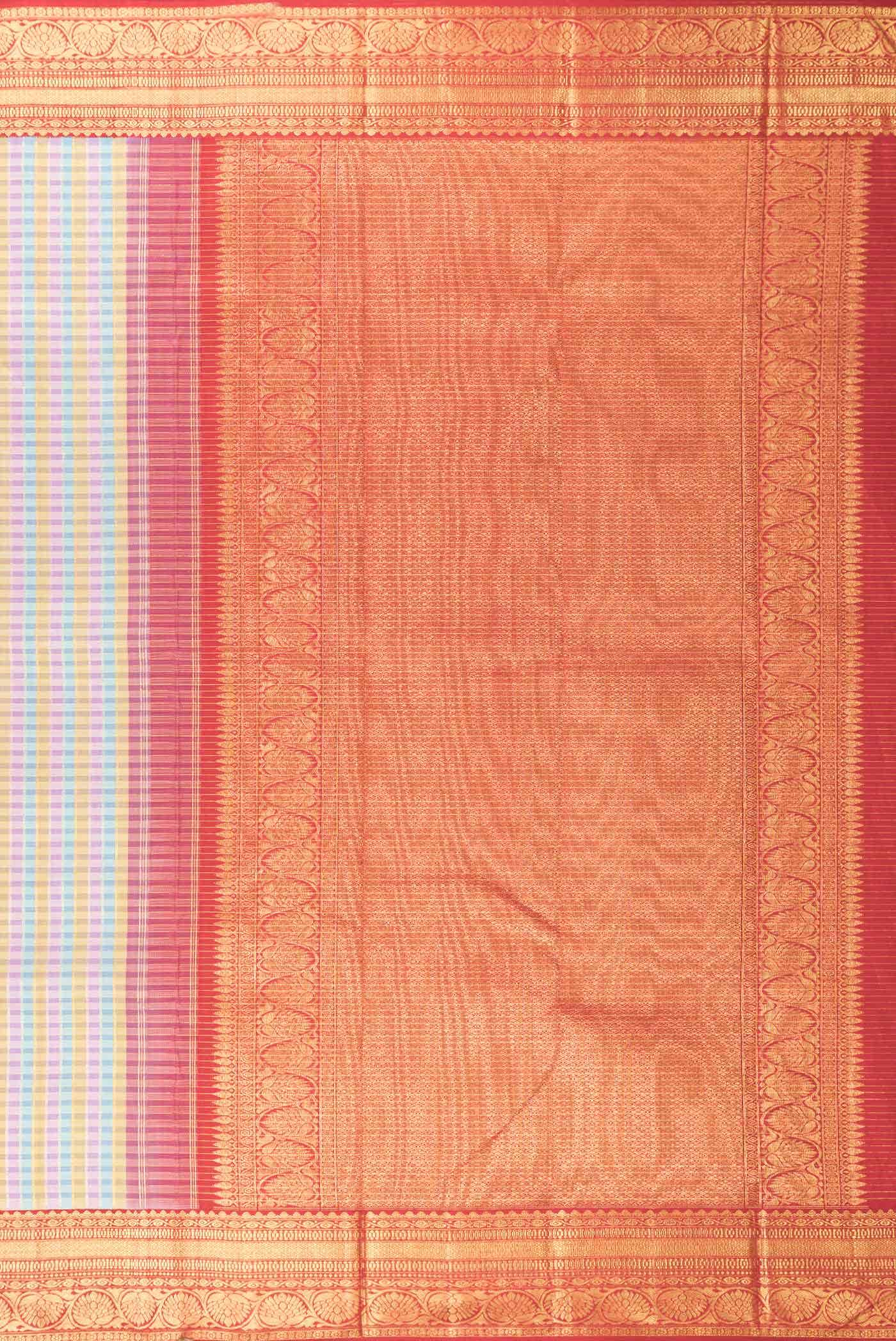 Pure Silk Pure Zari Pink, Blue and Gold Dual Tone Kanchipuram Saree - Image 5