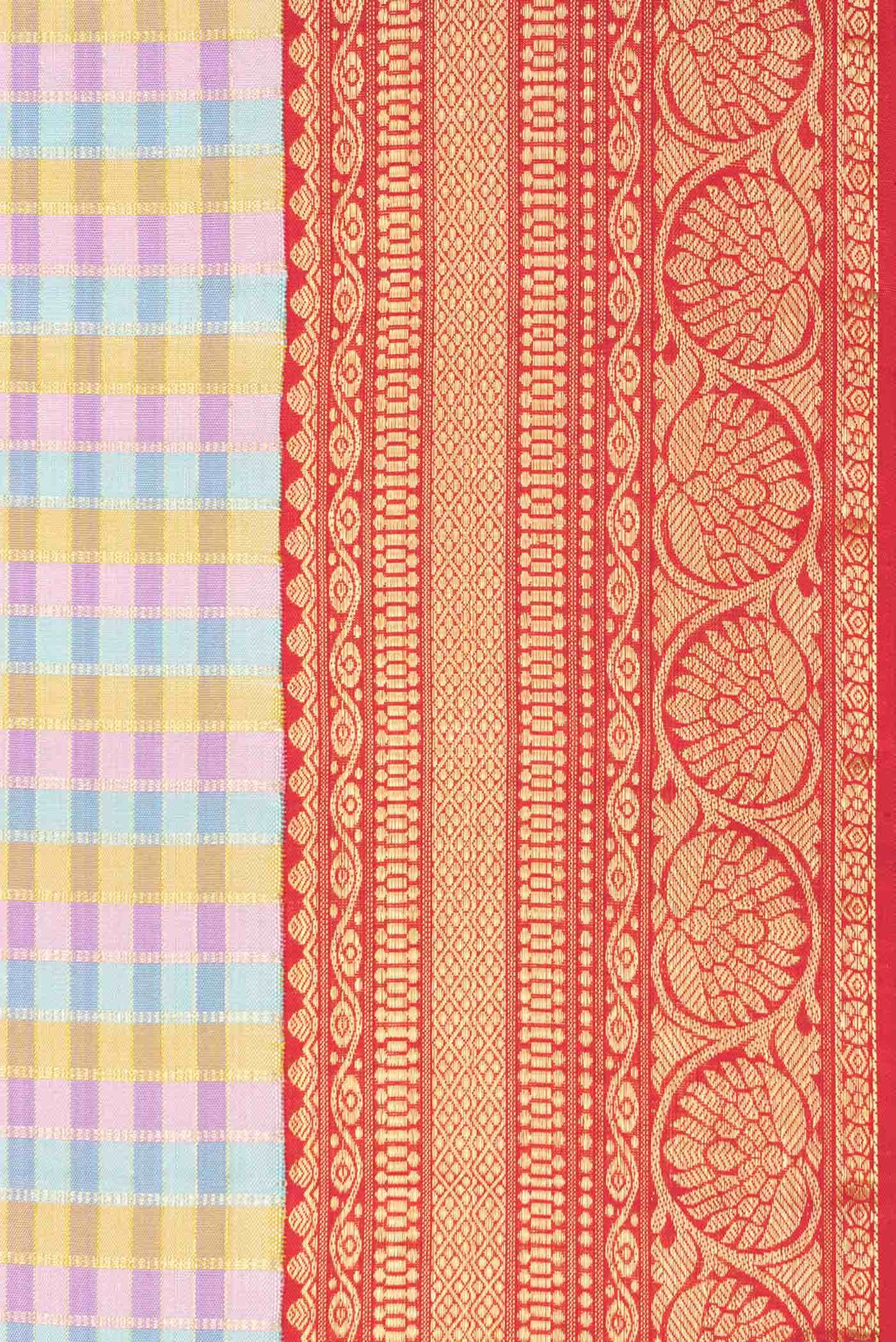 Pure Silk Pure Zari Pink, Blue and Gold Dual Tone Kanchipuram Saree - Image 6